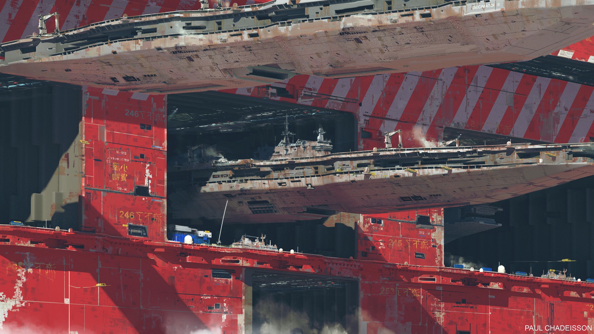 Massive spaceship docking bay with multiple ships HD Wallpaper