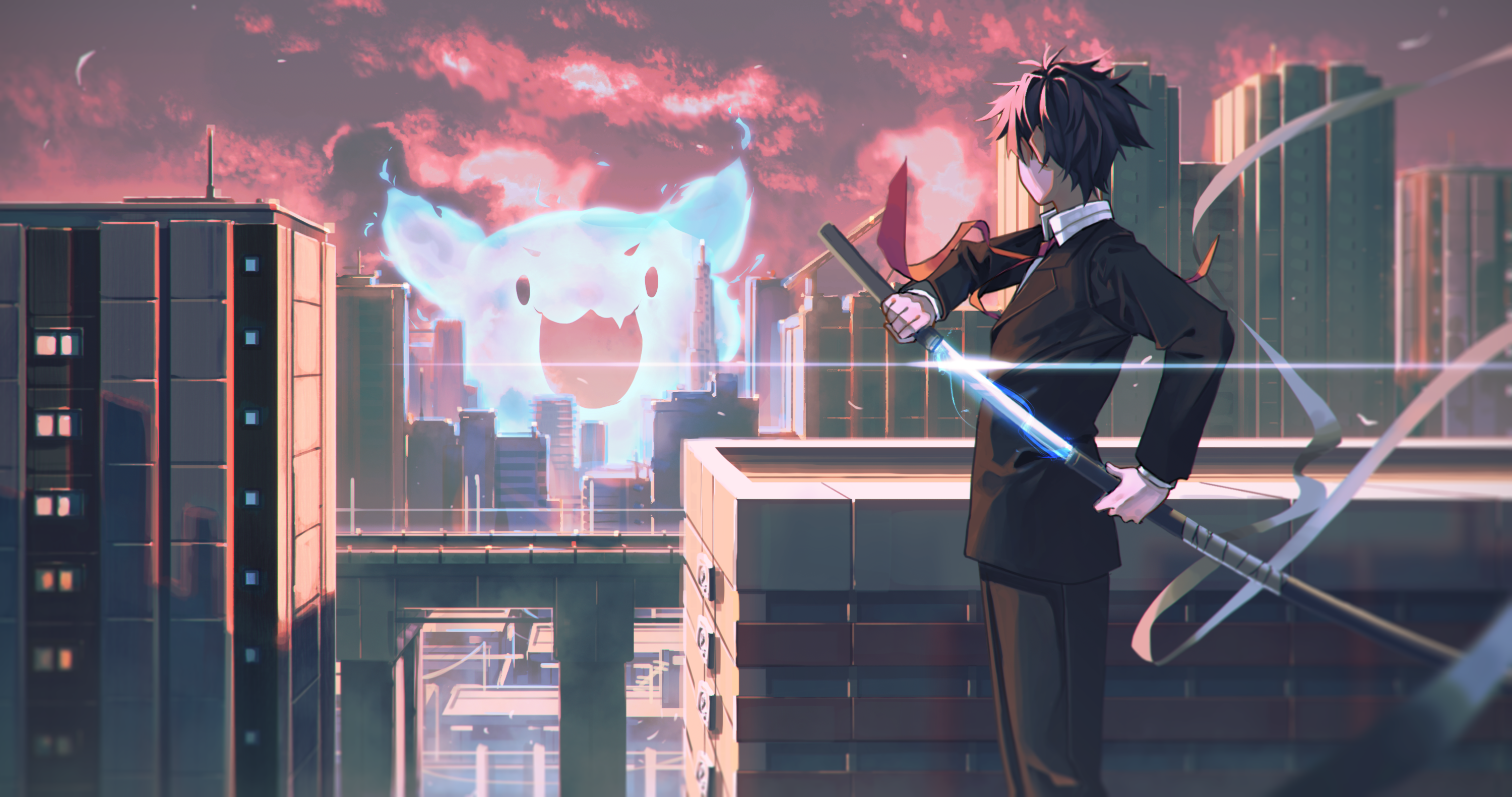 Anime character with sword in city at sunset HD Wallpaper