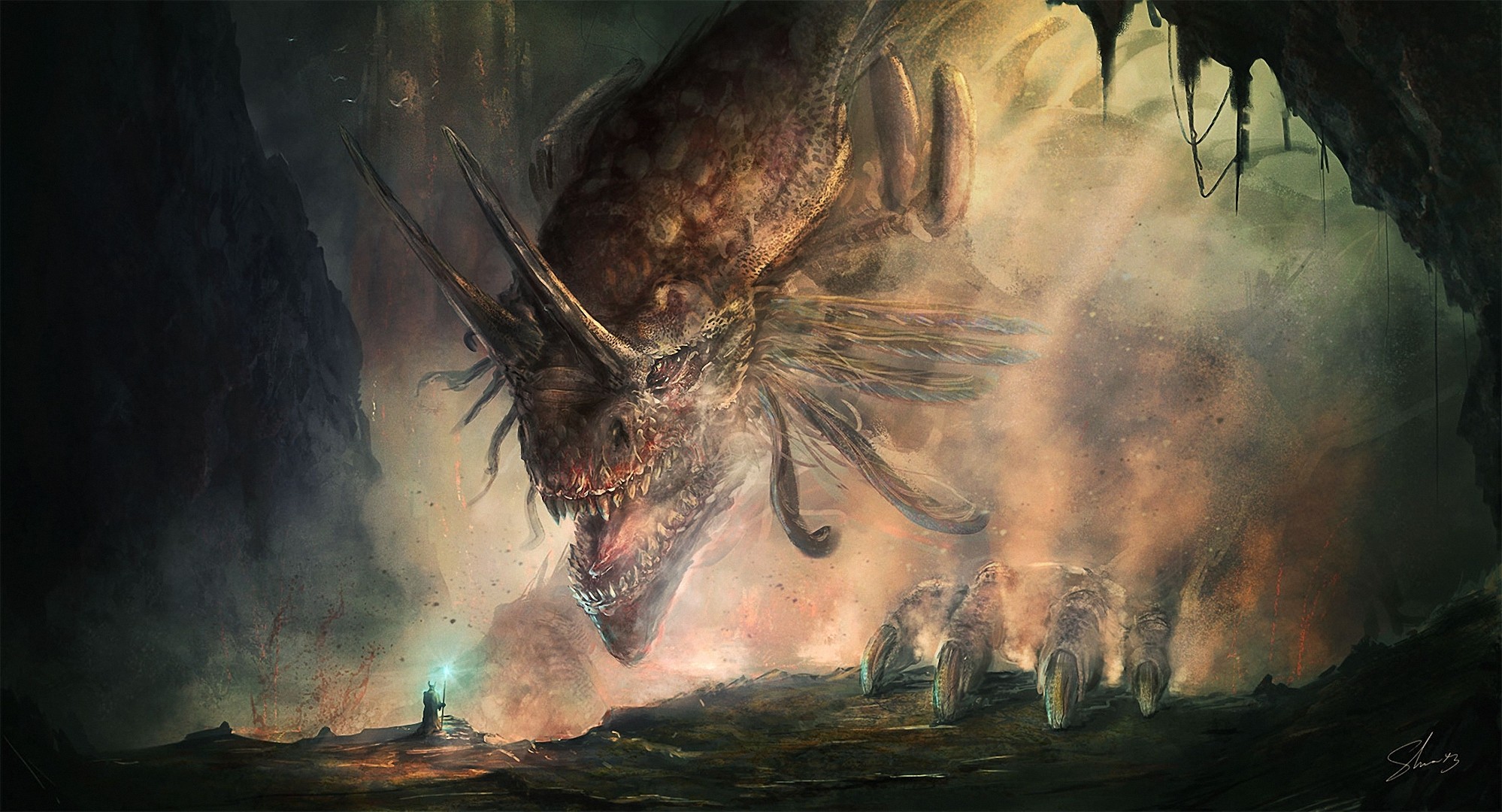 Dragon in a cave with a wizard HD Wallpaper
