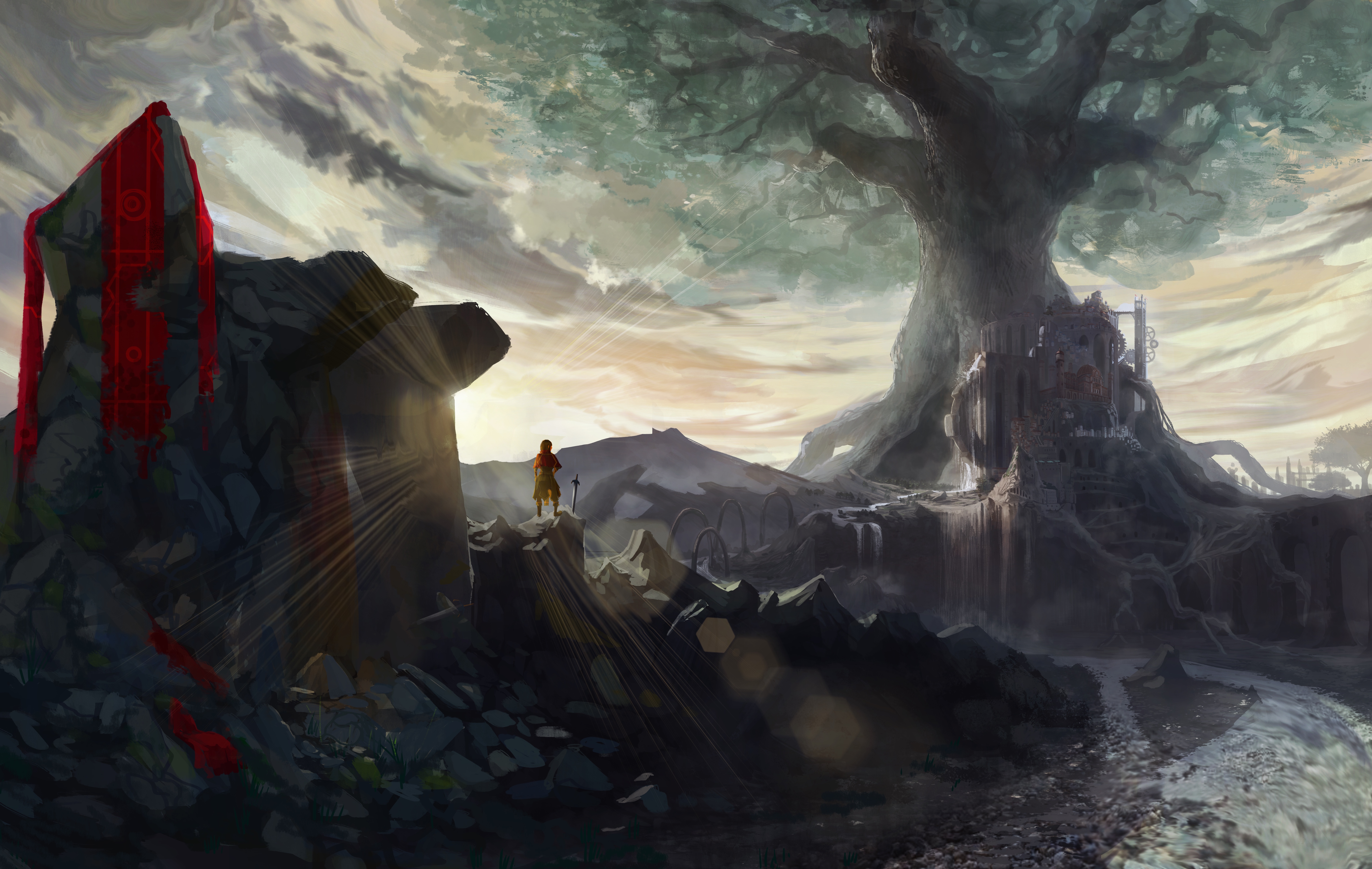Fantasy landscape with a large tree and a figure HD Wallpaper