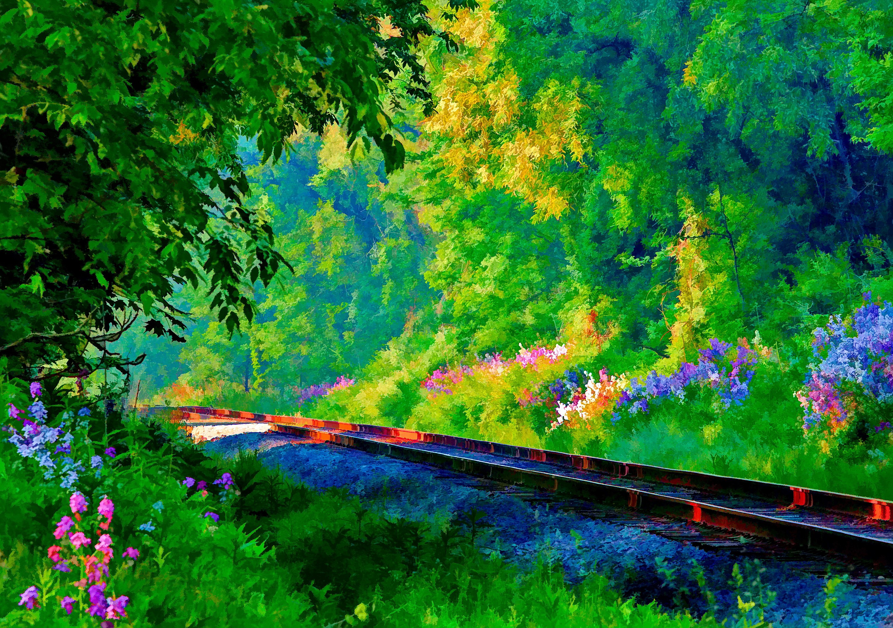 Train tracks through a colorful forest in bloom HD Wallpaper