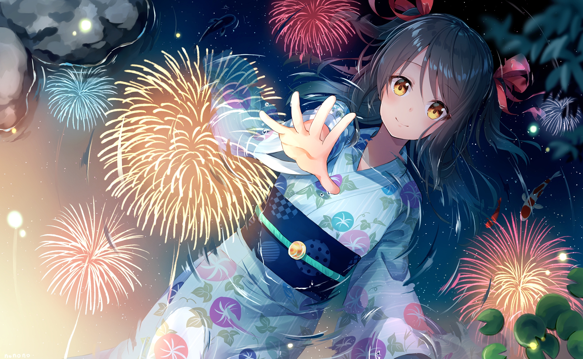 Anime girl in yukata watching fireworks HD Wallpaper