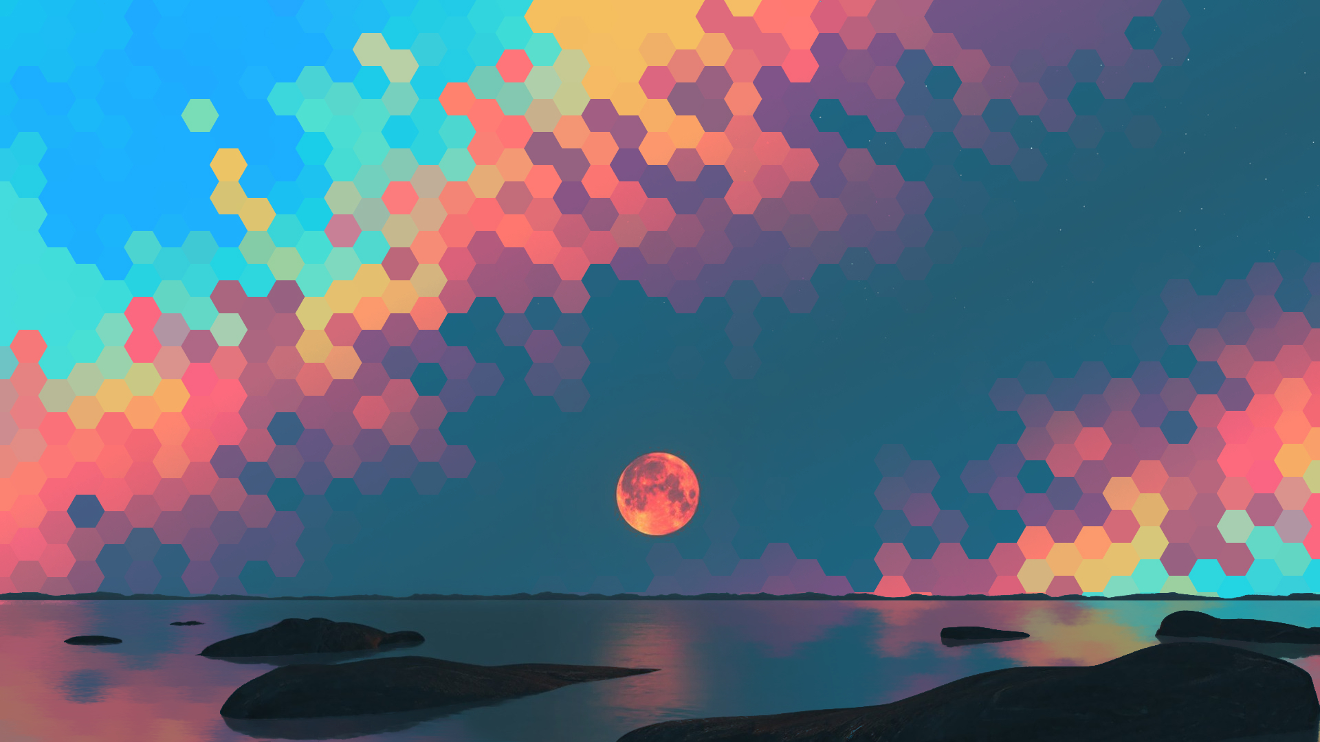 Hexagonal Sky with Moon over Water and Rocks HD Wallpaper