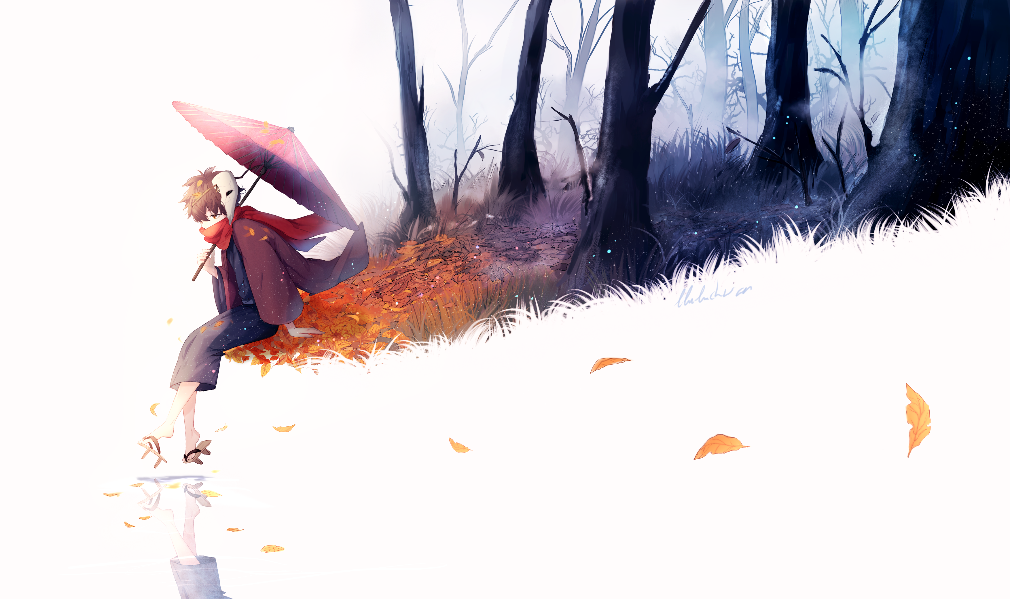 Person with mask and umbrella in autumn forest HD Wallpaper