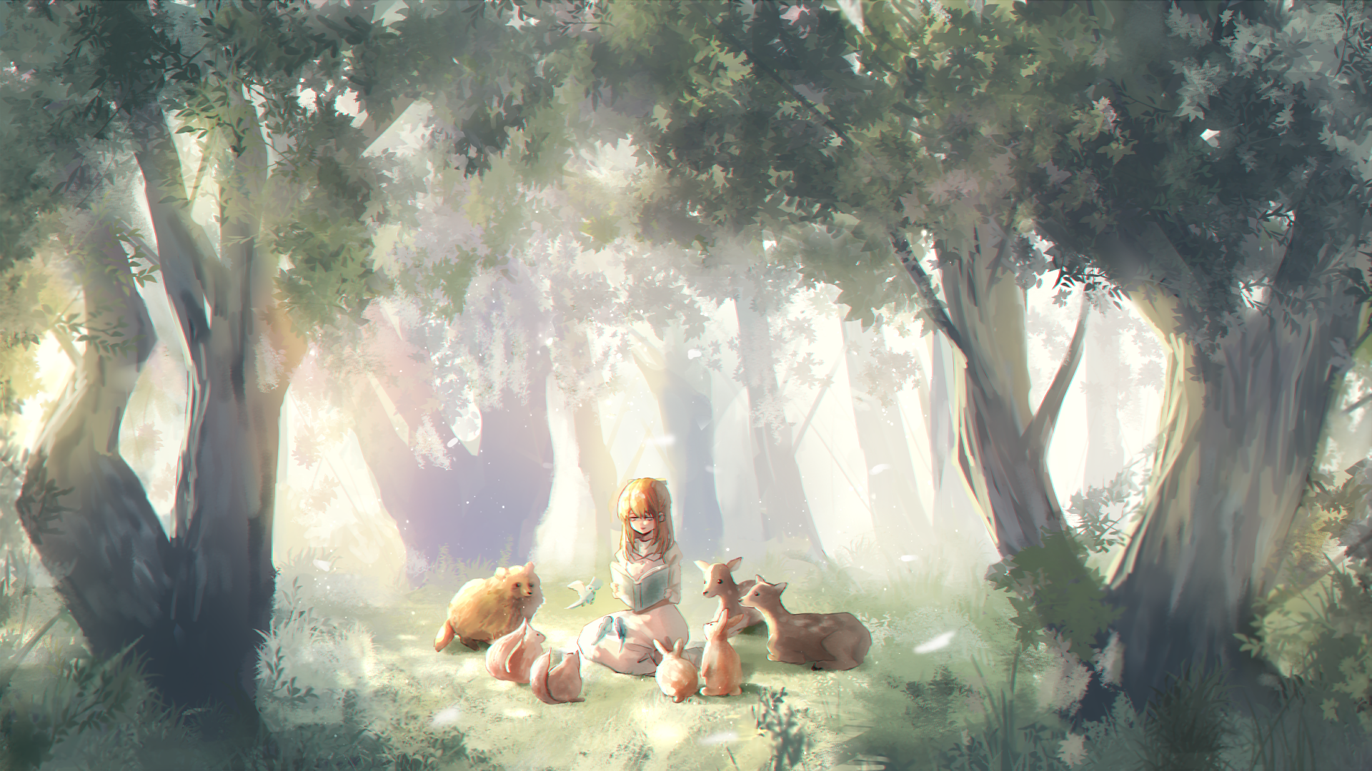 Girl reading a book to animals in a forest HD Wallpaper