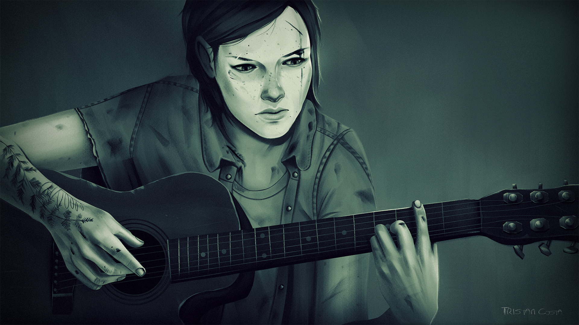 Ellie from The Last of Us playing guitar HD Wallpaper