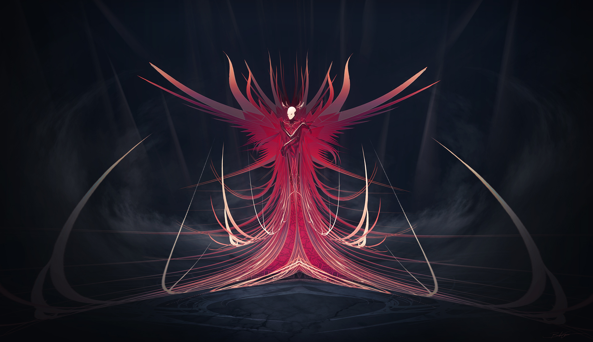 Fantasy creature with red wings and mask HD Wallpaper
