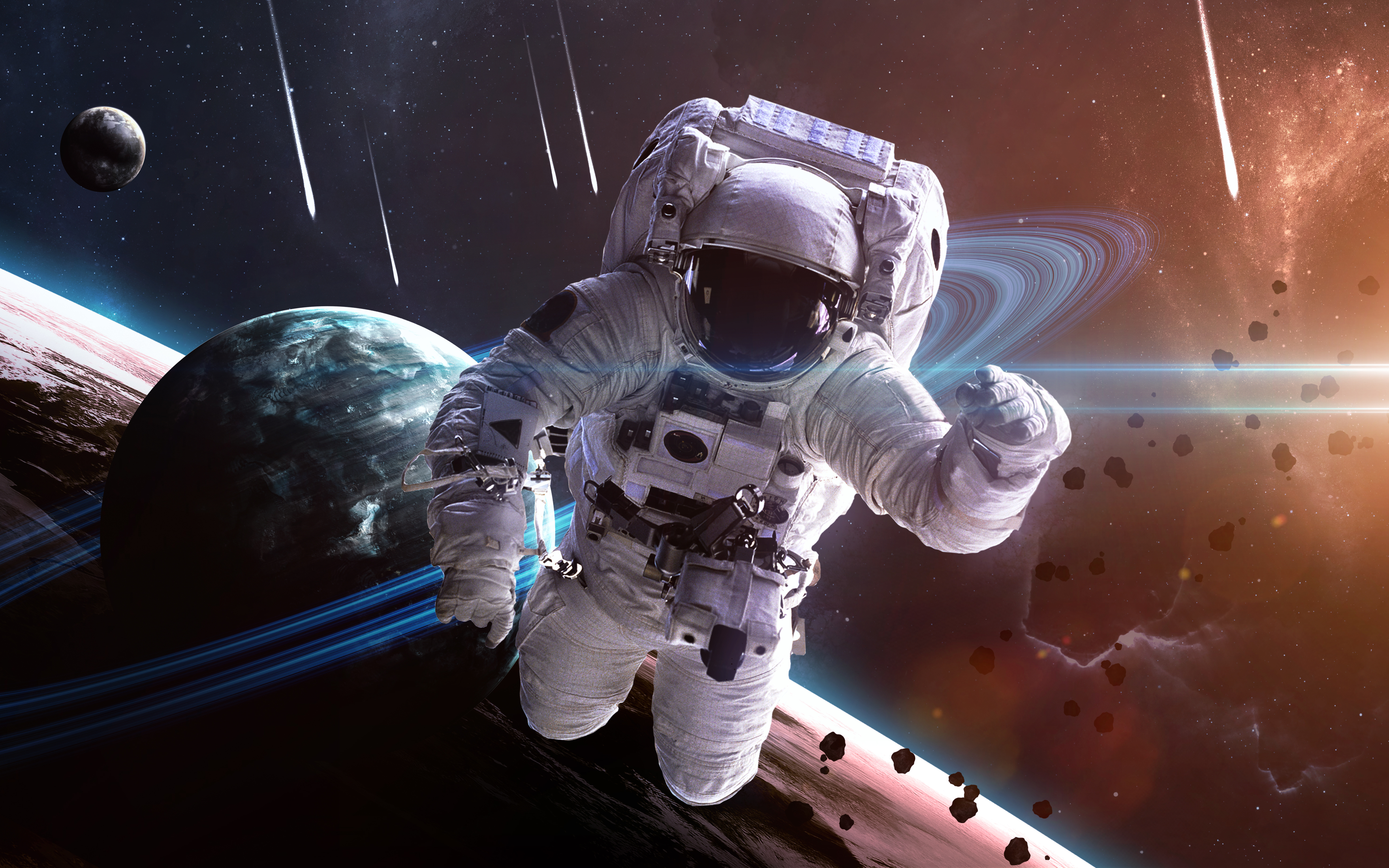 Astronaut floating in space with planets and meteors HD Wallpaper