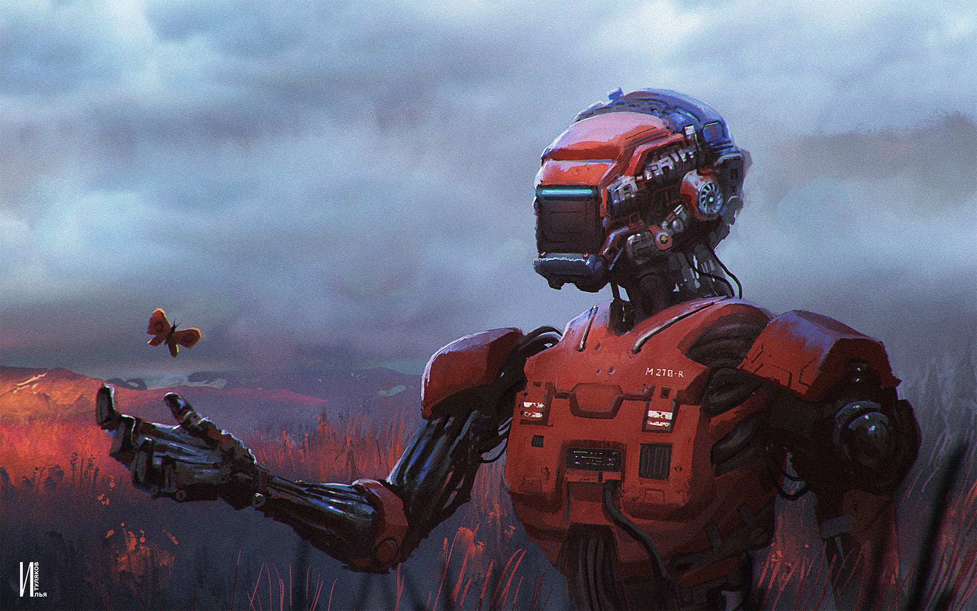 Robot with a butterfly in a field HD Wallpaper