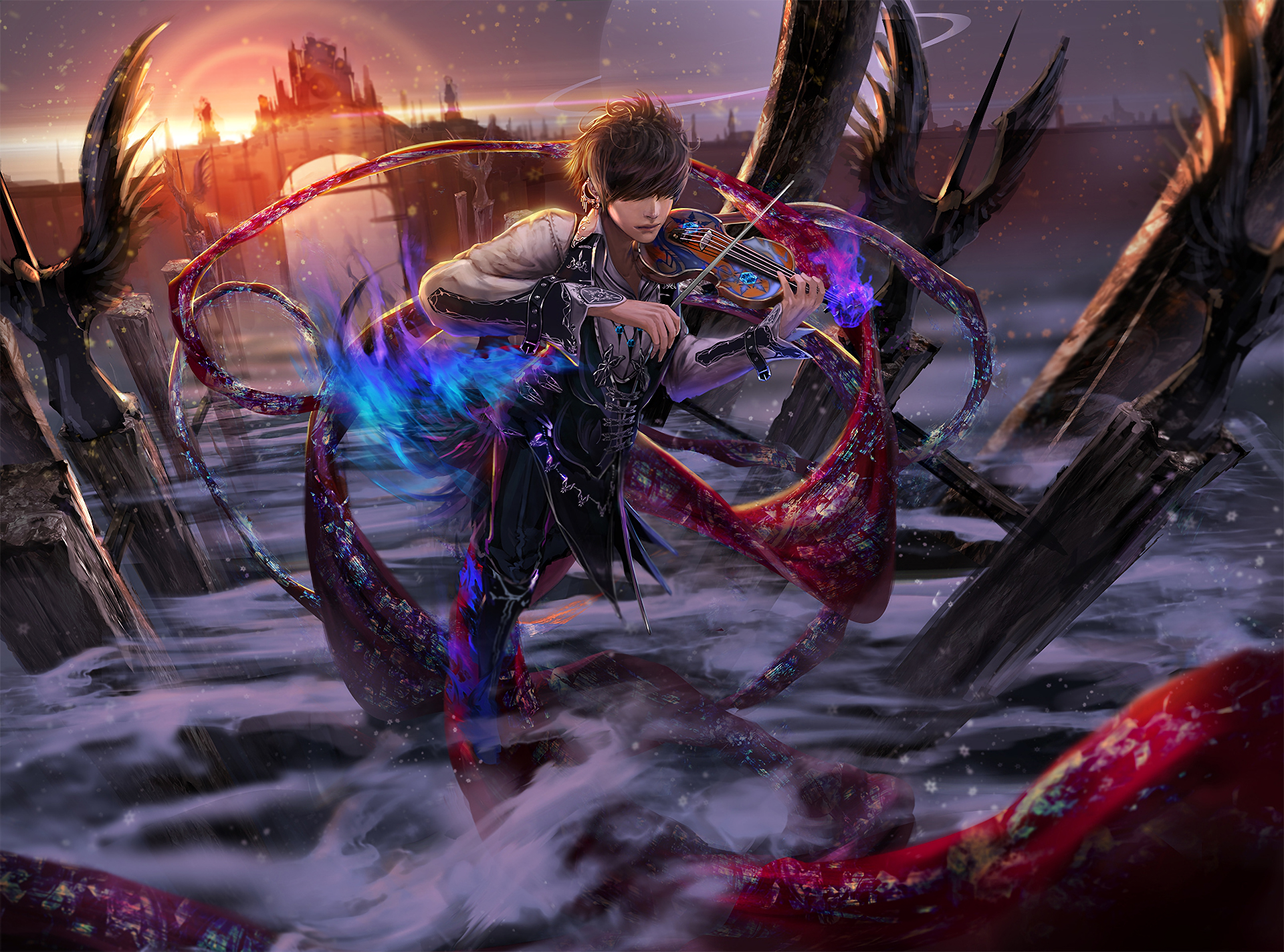 Violinist playing violin with magical effects HD Wallpaper