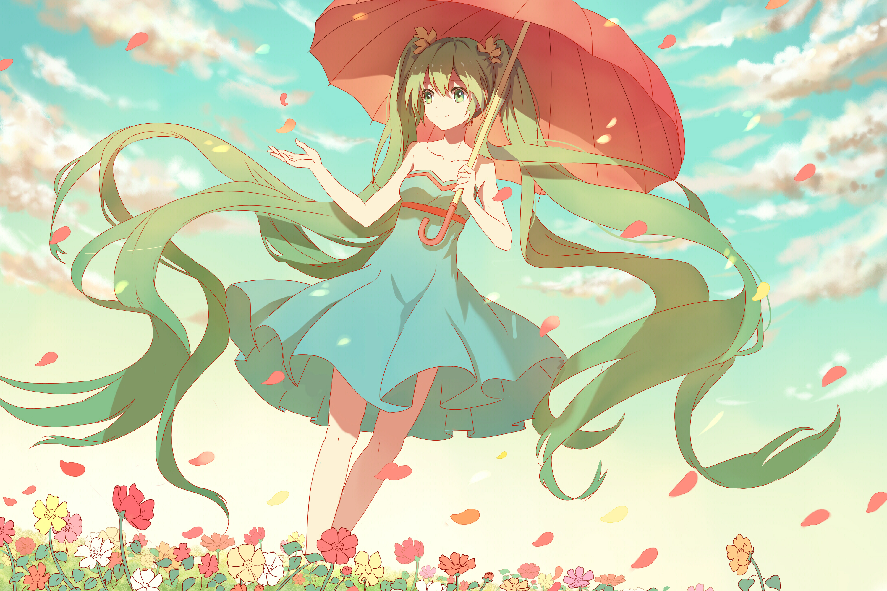 Hatsune Miku with Umbrella in Flower Field HD Wallpaper