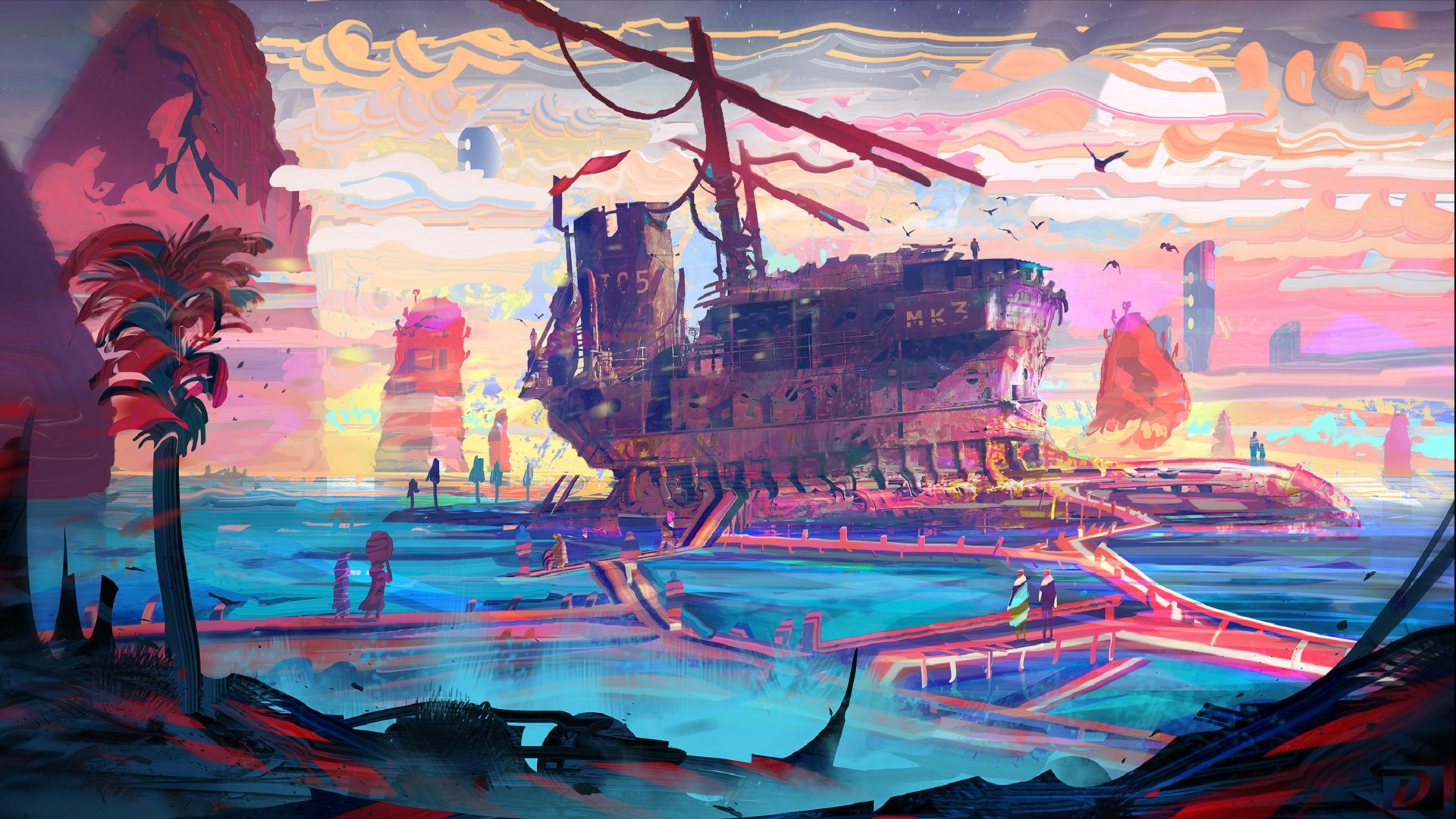 Ruined ship on a colorful, surreal seascape HD Wallpaper