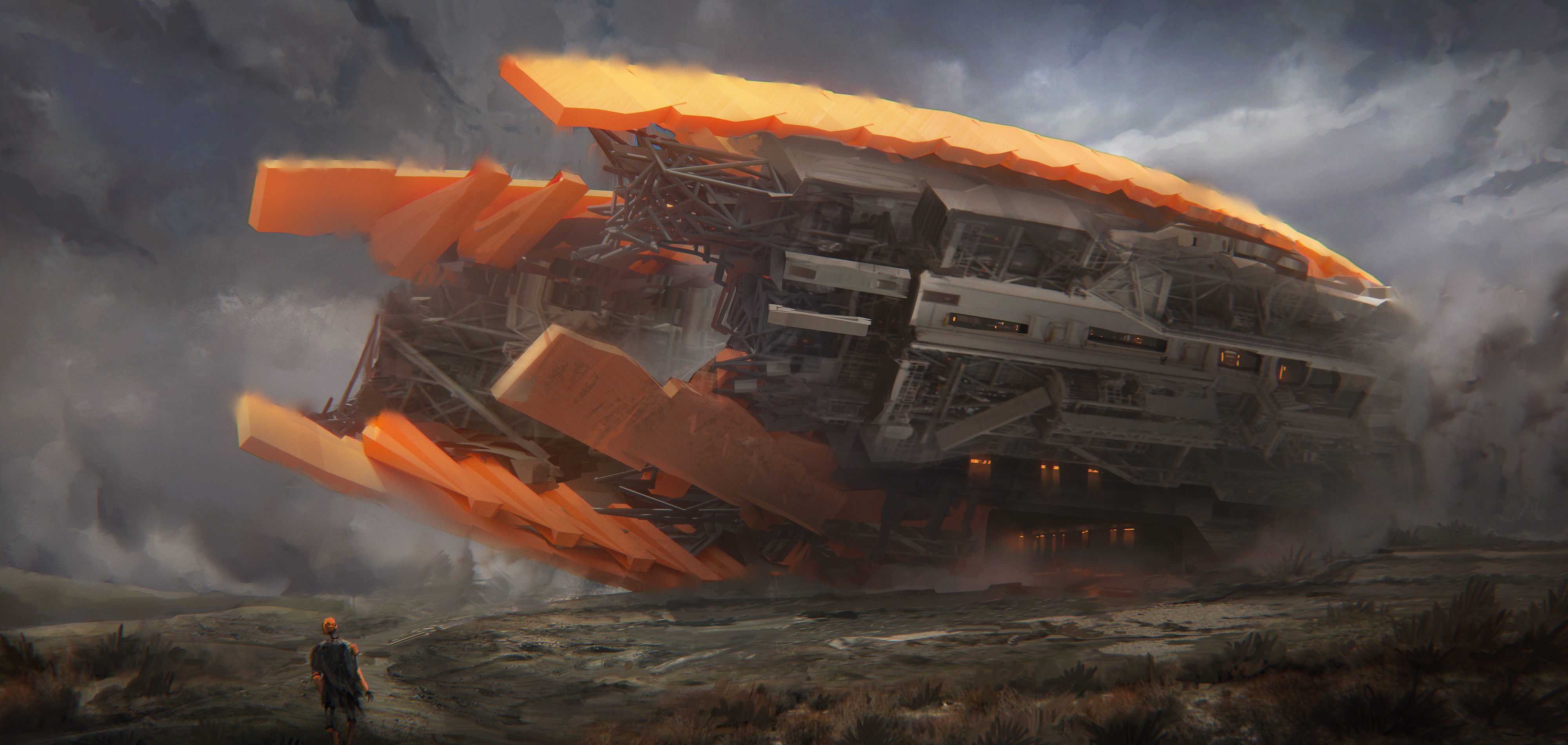 Giant orange structure in a desolate landscape HD Wallpaper