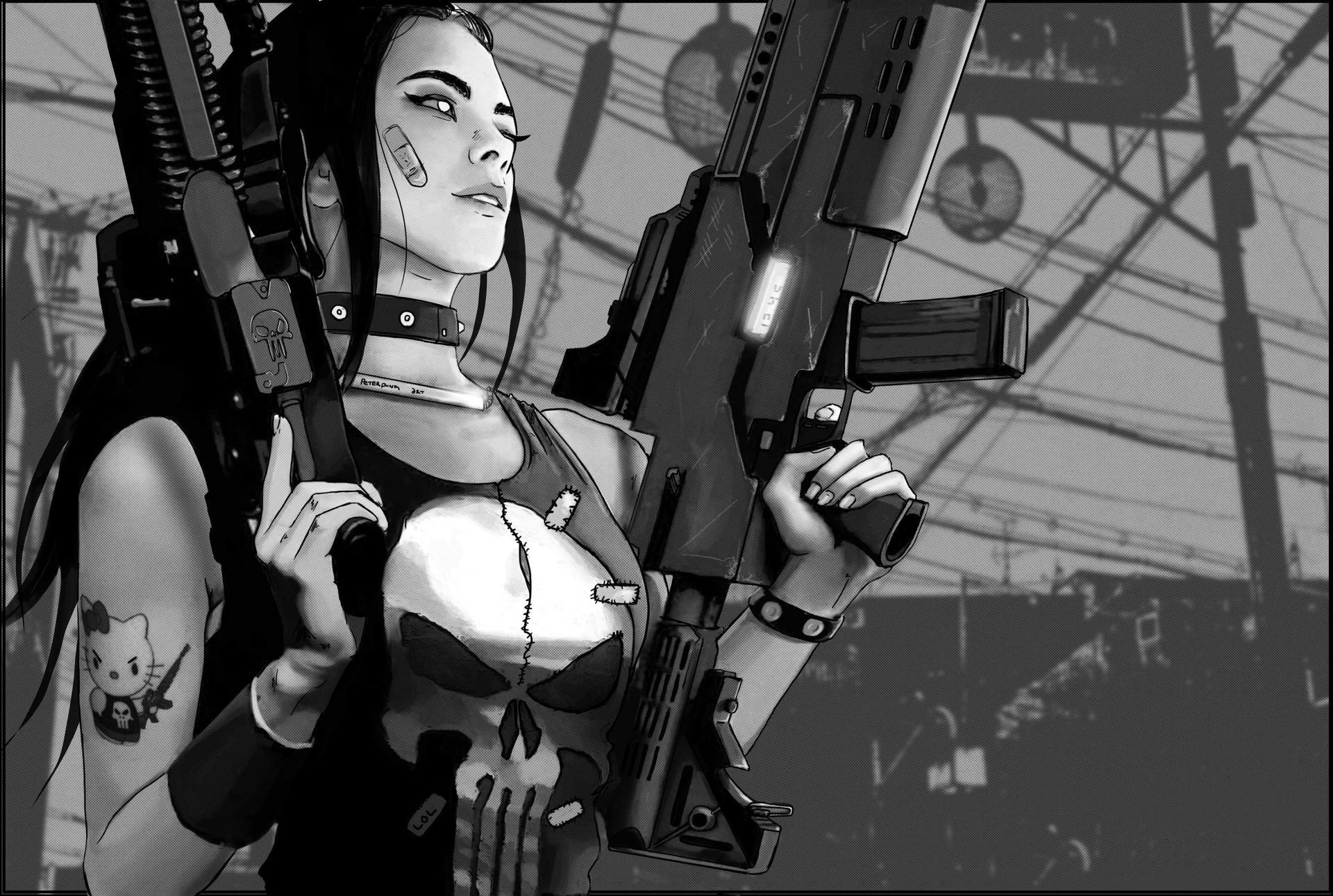 Woman with Punisher skull shirt and guns HD Wallpaper
