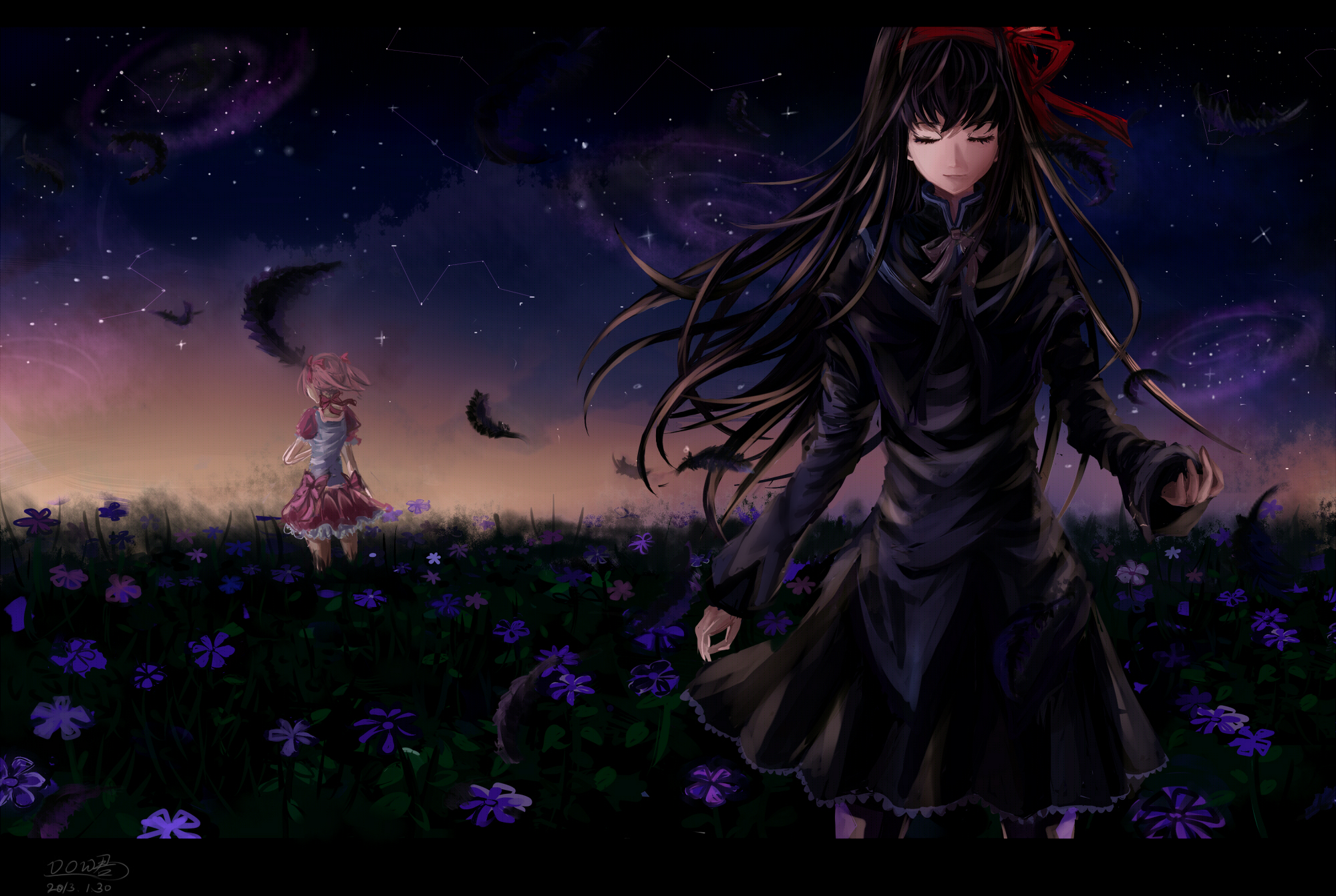 Homura Akemi and Madoka Kaname in a field of flowers HD Wallpaper