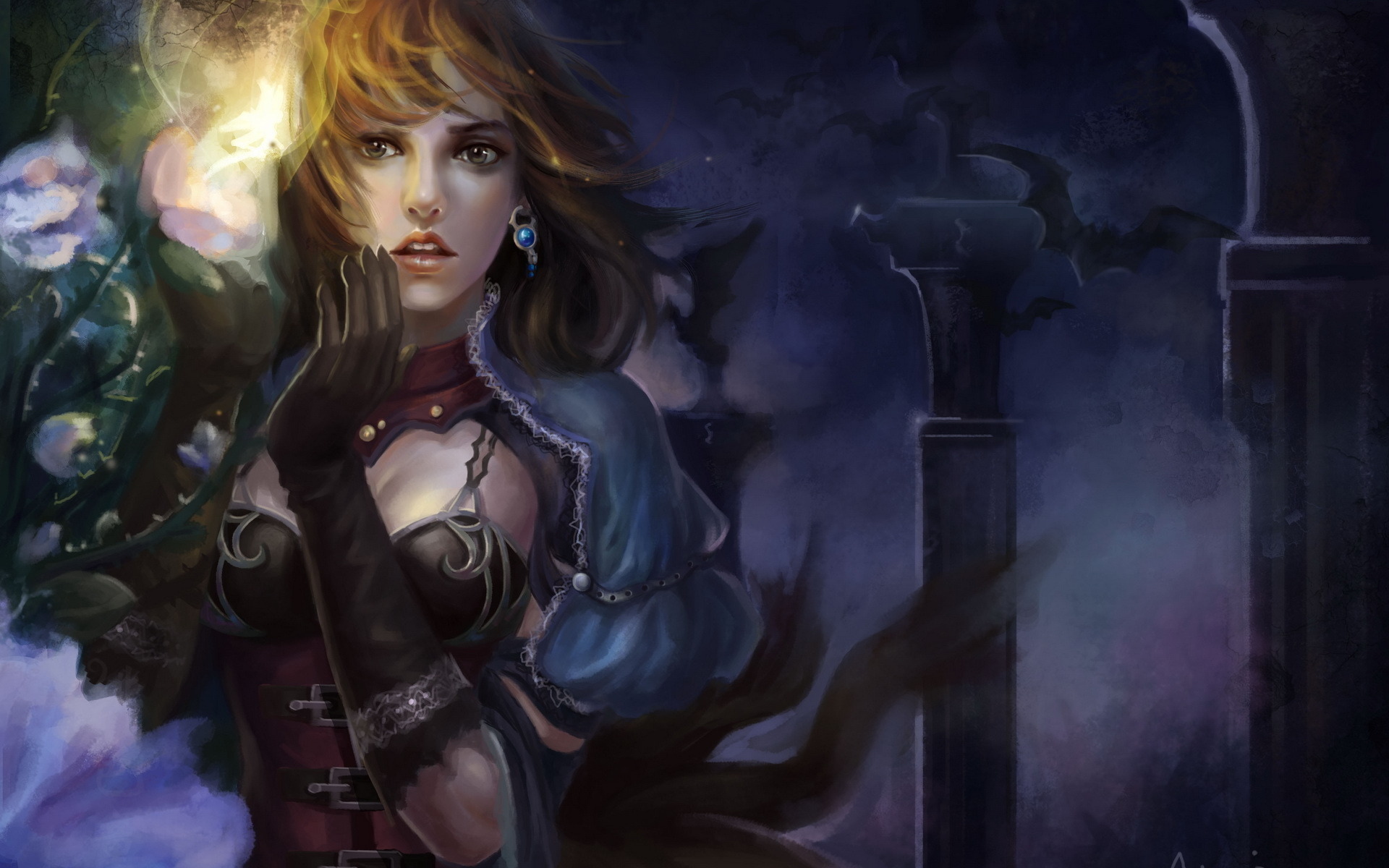 Fantasy woman with glowing flower and dark background HD Wallpaper