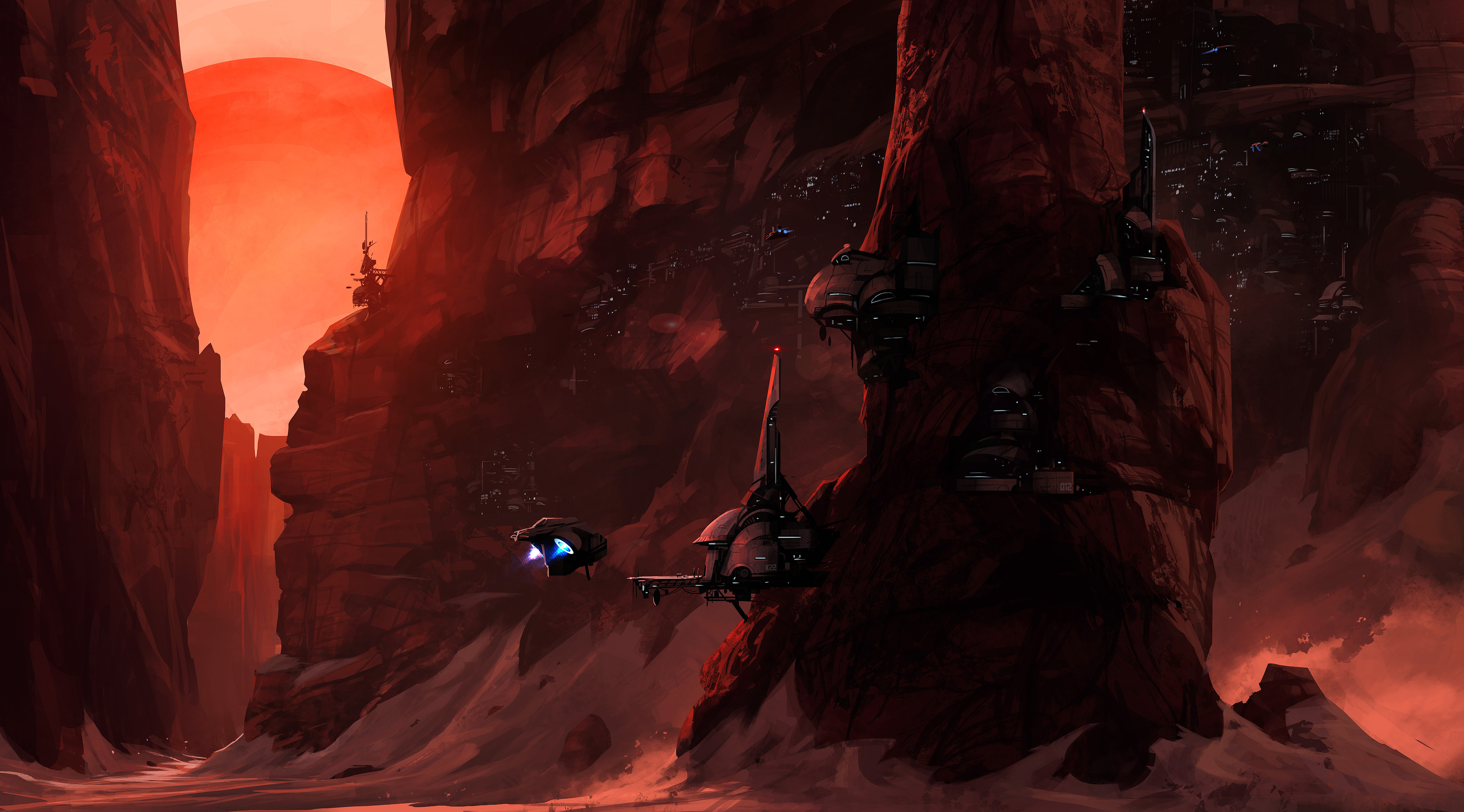 Star Citizen concept art of alien planet canyon settlement HD Wallpaper