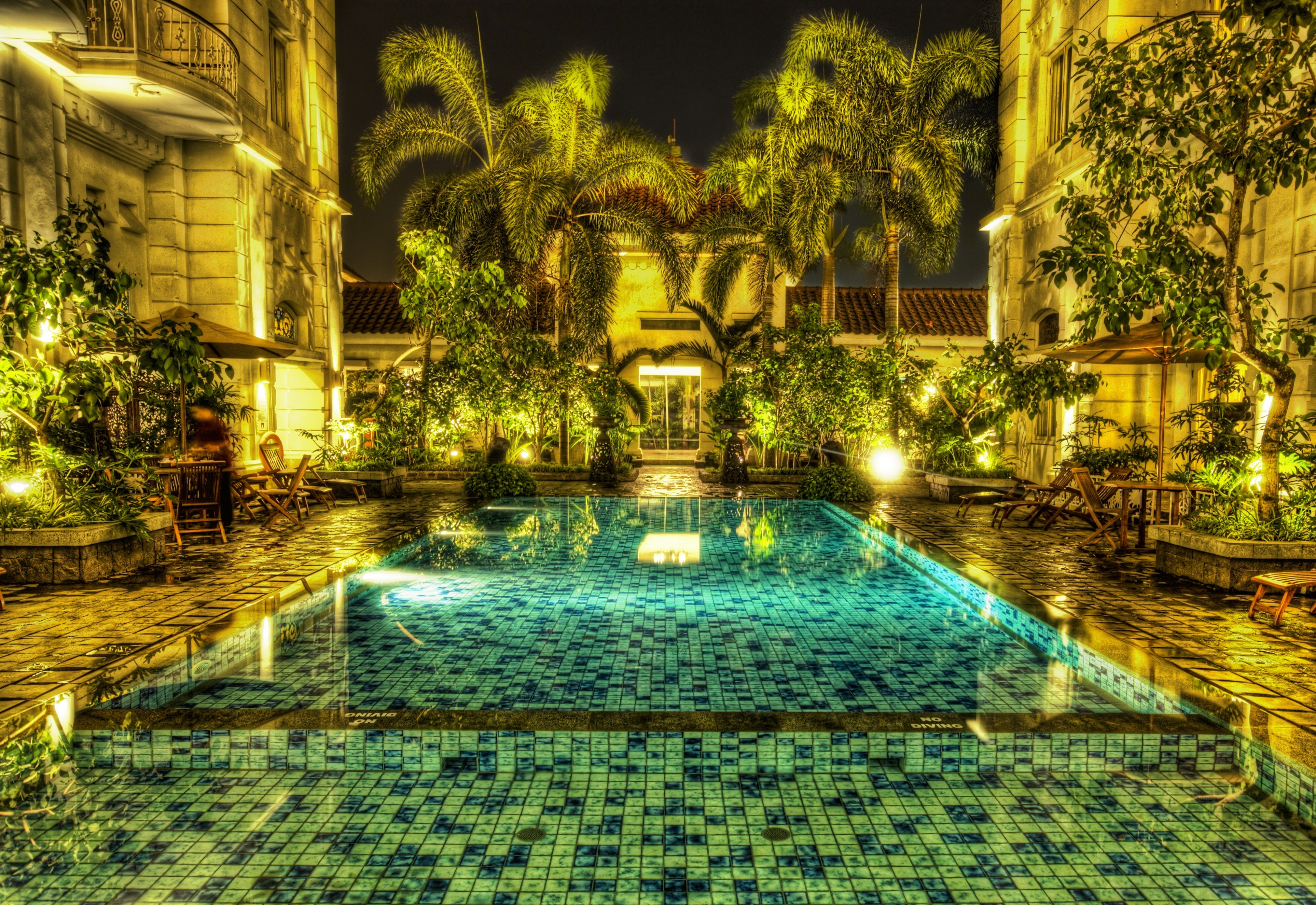 Swimming pool with palm trees and building at night HD Wallpaper