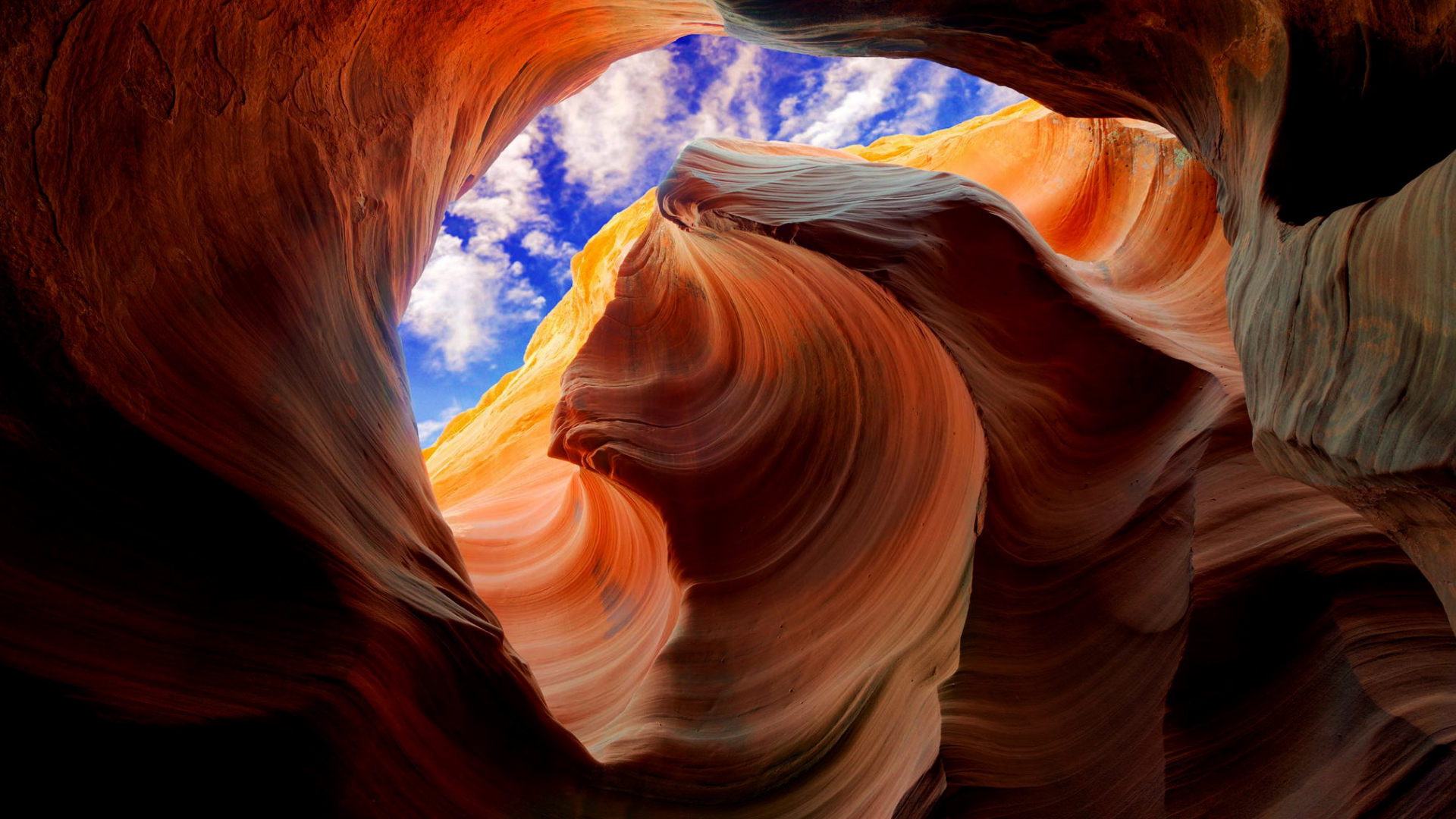 Antelope Canyon with blue sky and clouds HD Wallpaper
