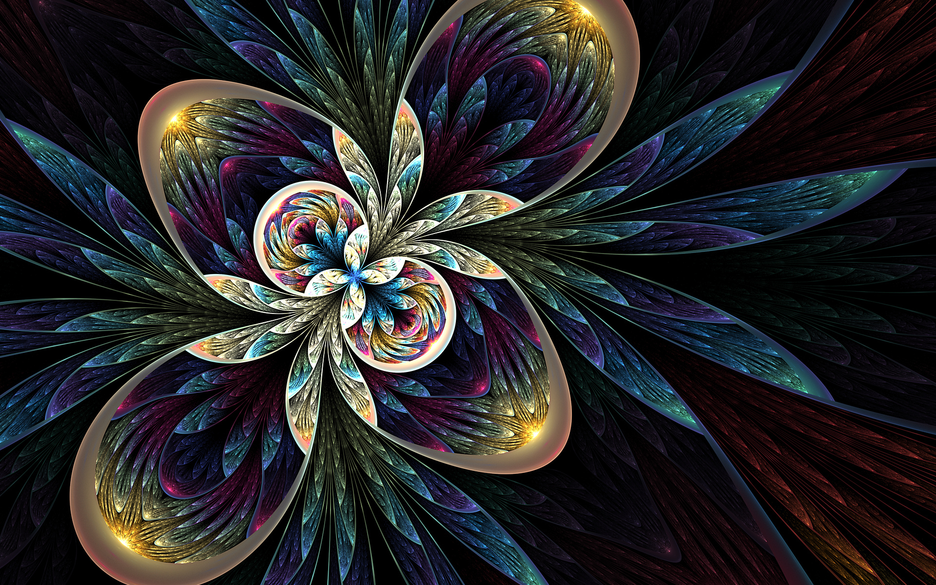 Abstract fractal flower with blue, purple, and yellow petals HD Wallpaper