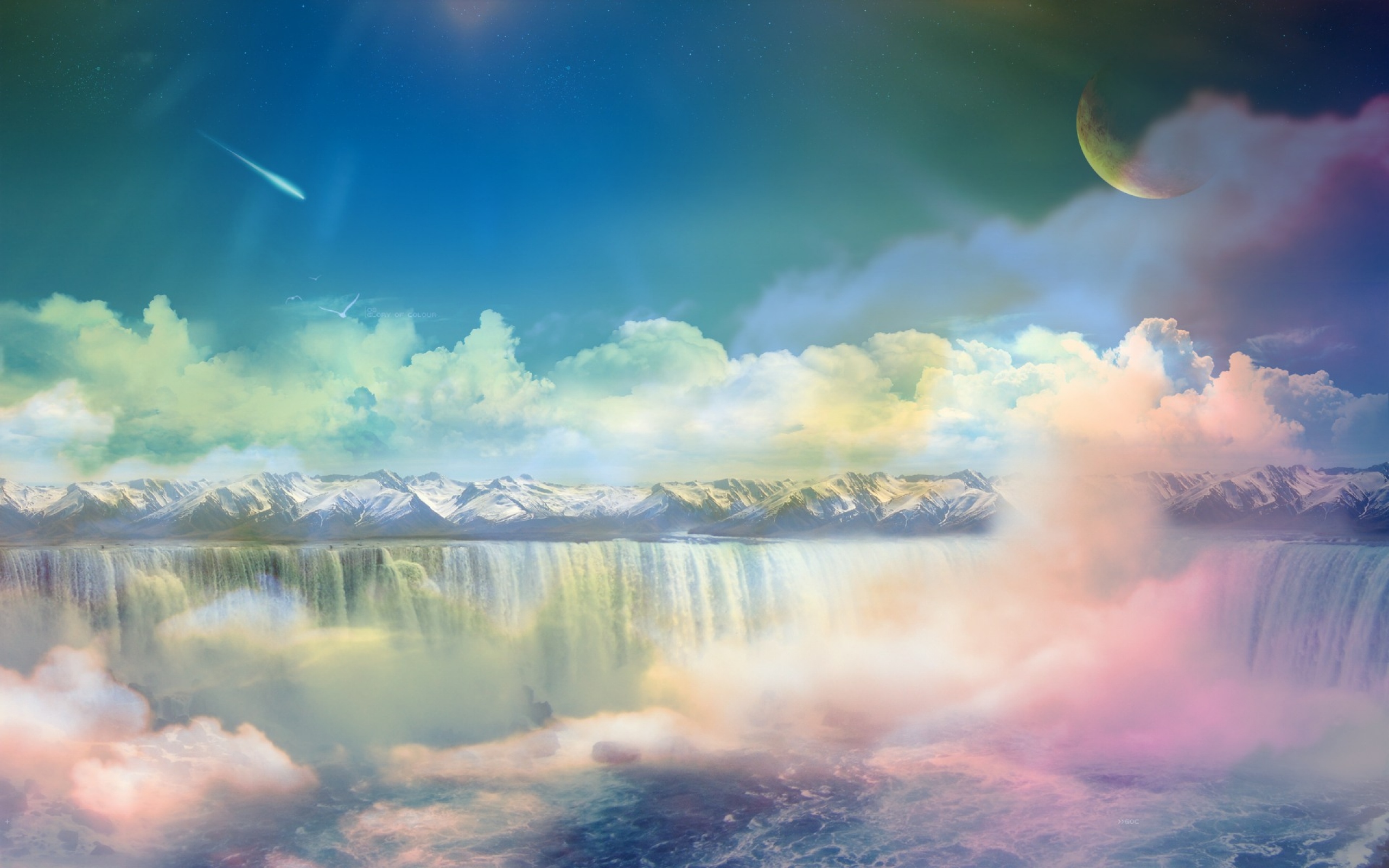 Fantasy Waterfall with Mountains and Moon HD Wallpaper