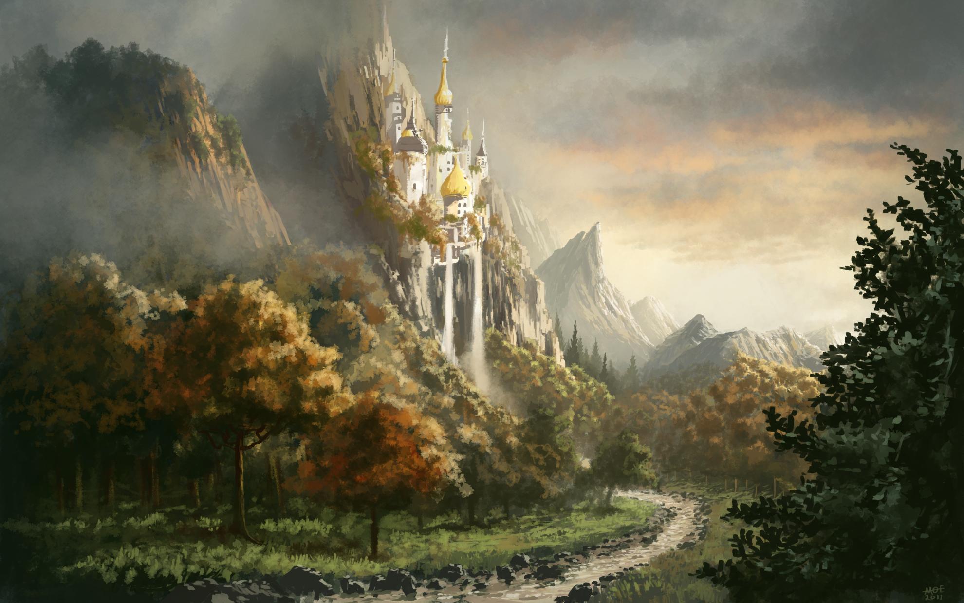 Fantasy castle on a cliff with a waterfall HD Wallpaper