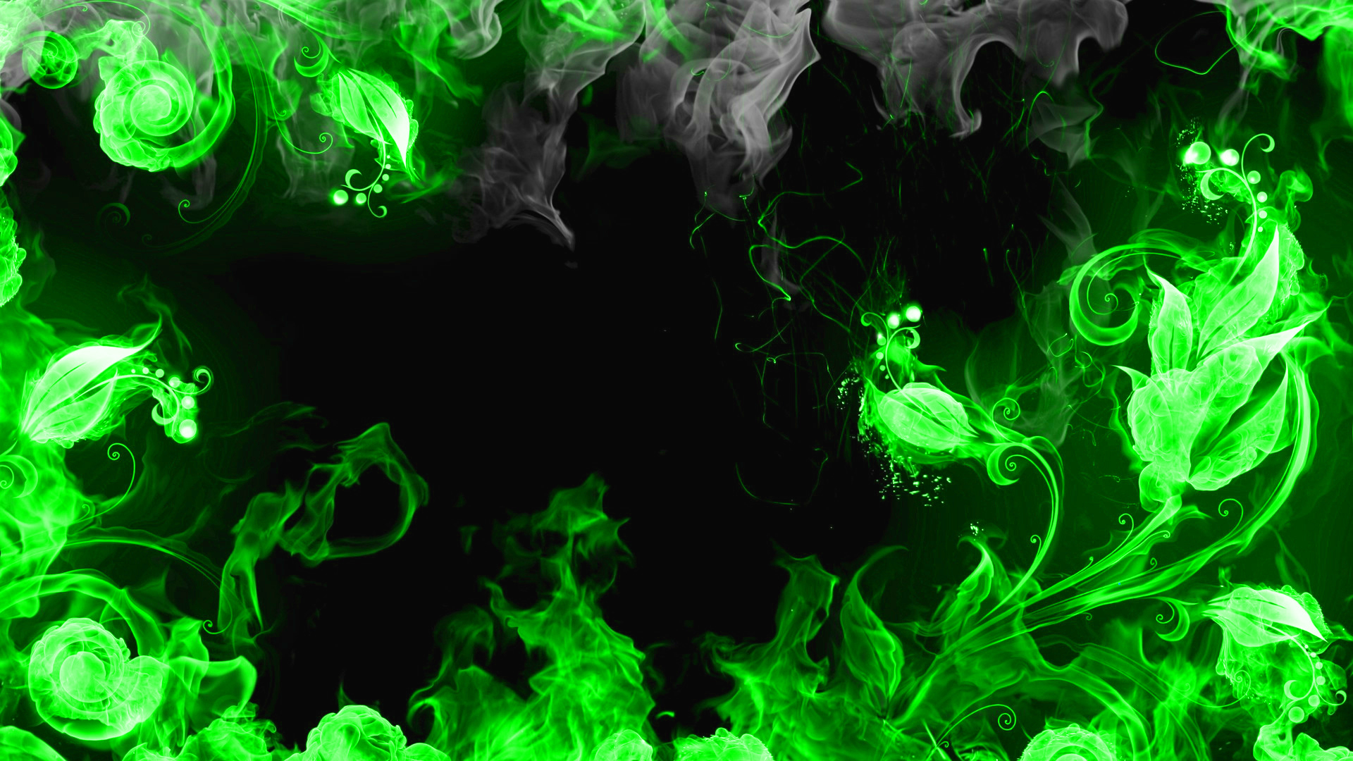 Green fire and smoke with floral elements HD Wallpaper