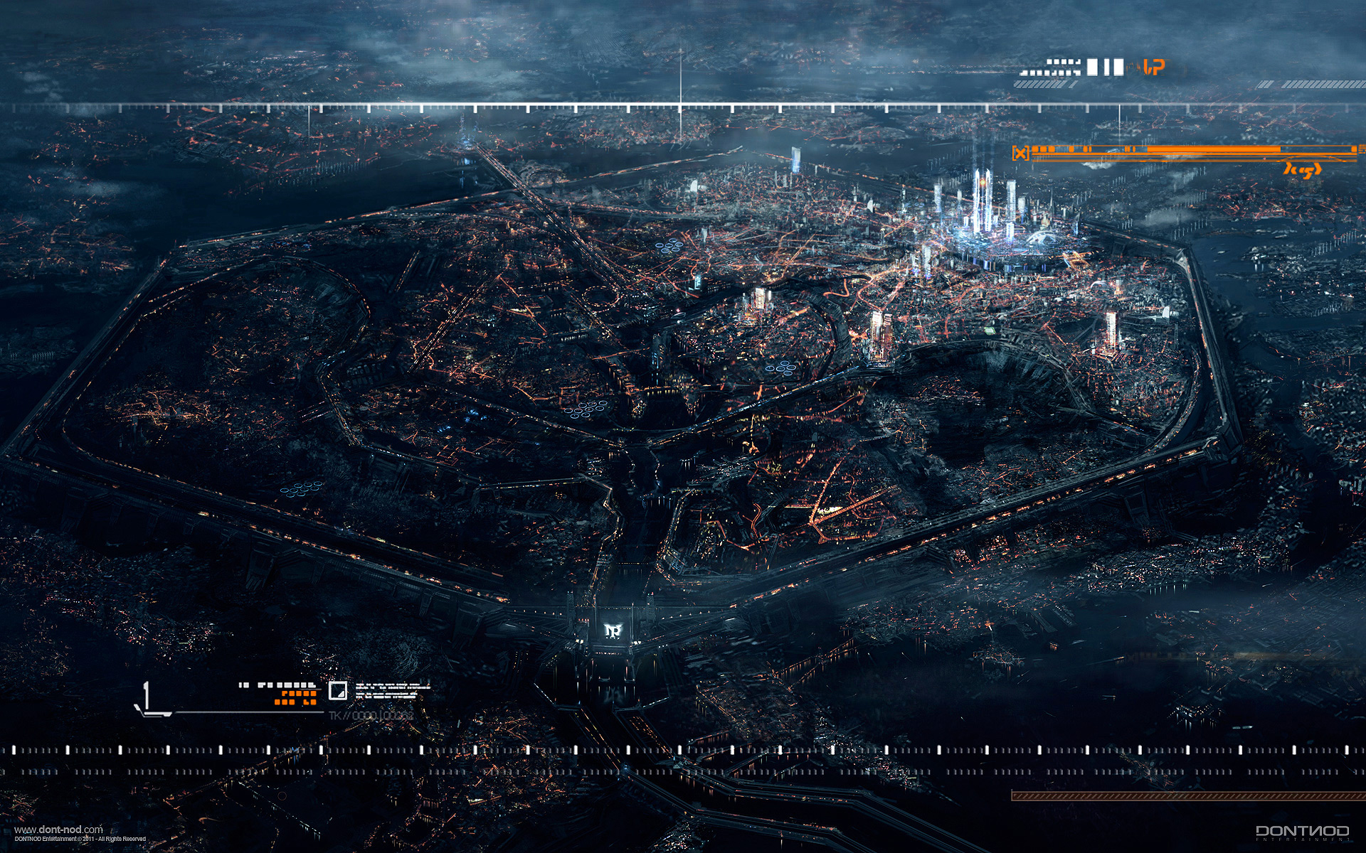 Futuristic Cityscape with HUD Elements HD Wallpaper