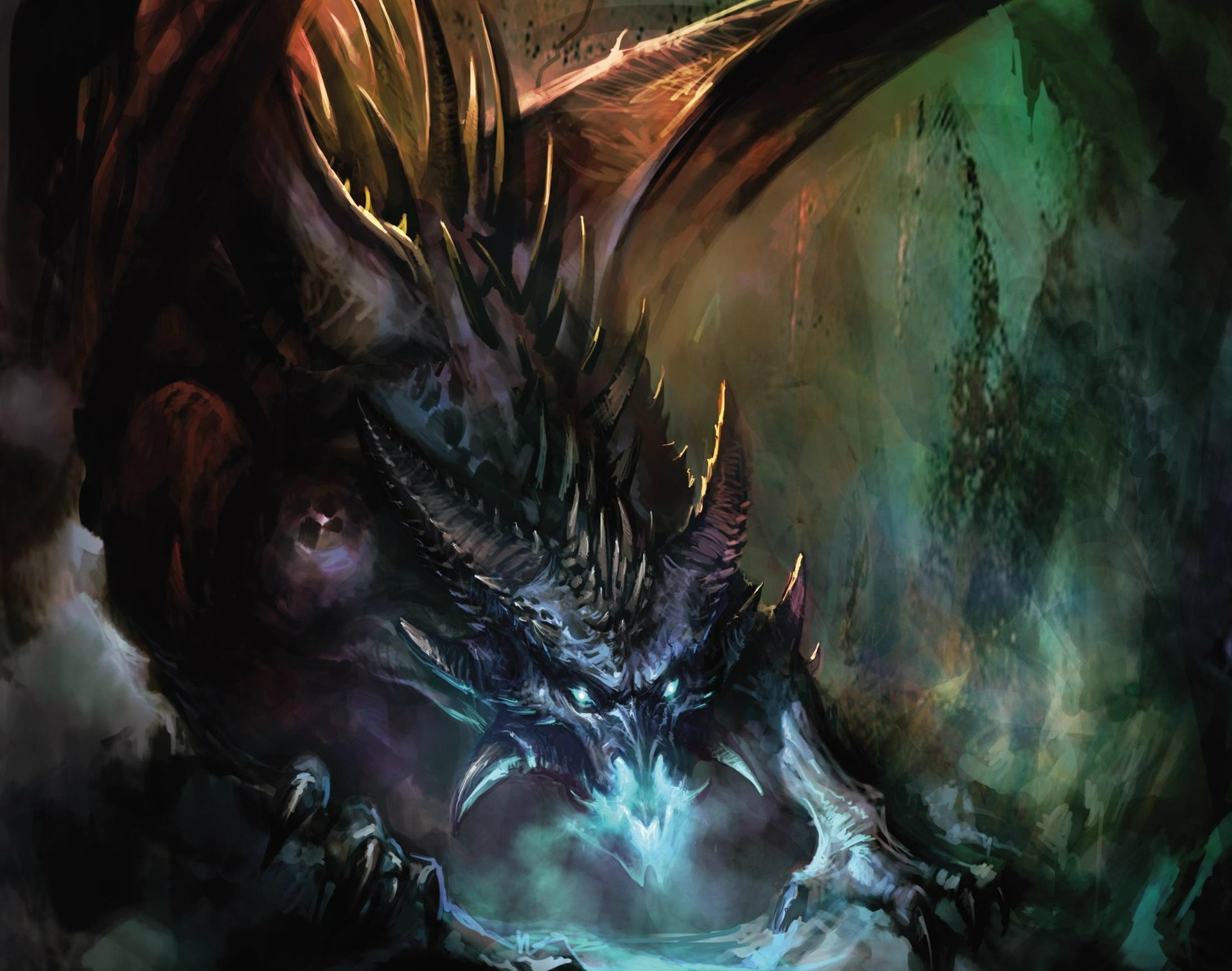 Fantasy Dragon breathing blue fire HD Wallpaper