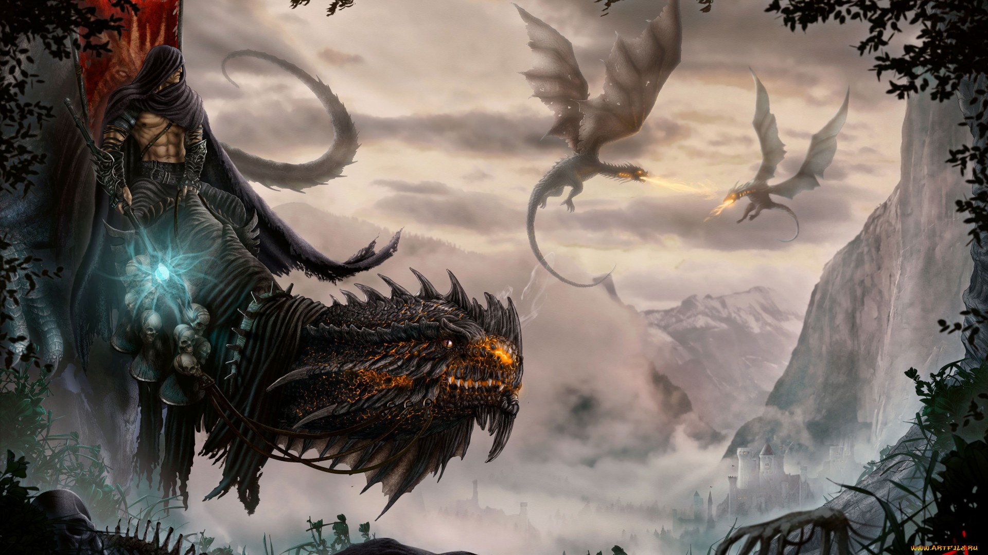 Man riding a dragon with dragons fighting in the sky HD Wallpaper