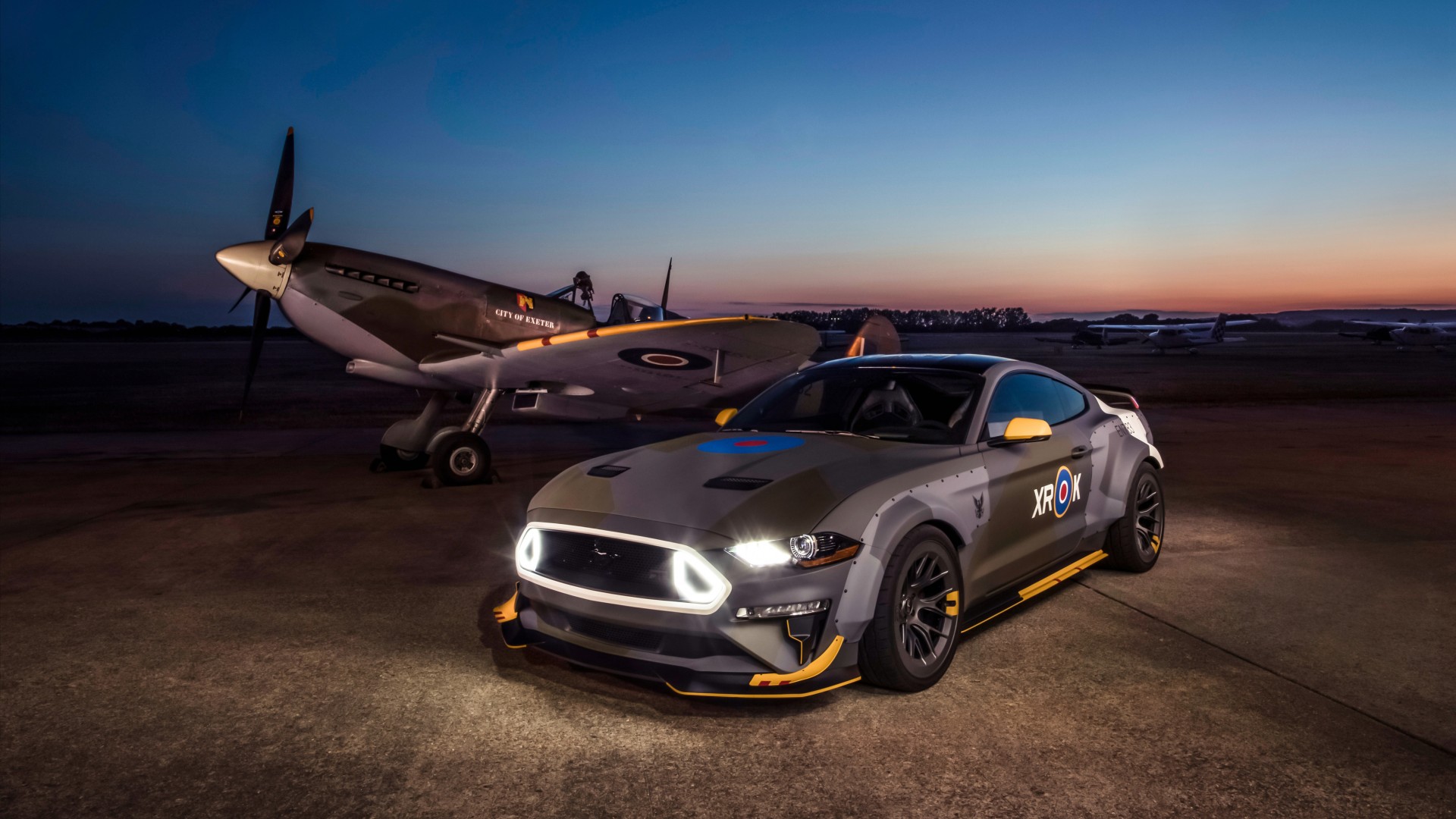 Ford Mustang GT Eagle Squadron with Spitfire Plane HD Wallpaper