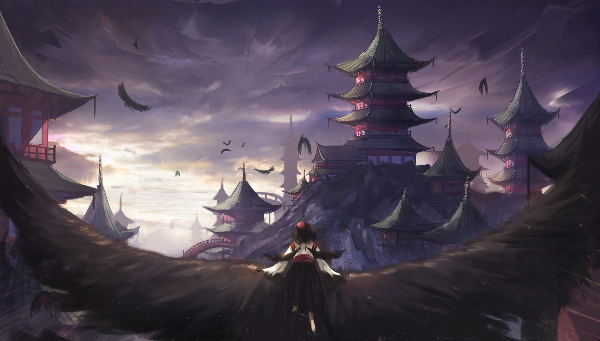 Aya Shameimaru flying over a Japanese village HD Wallpaper