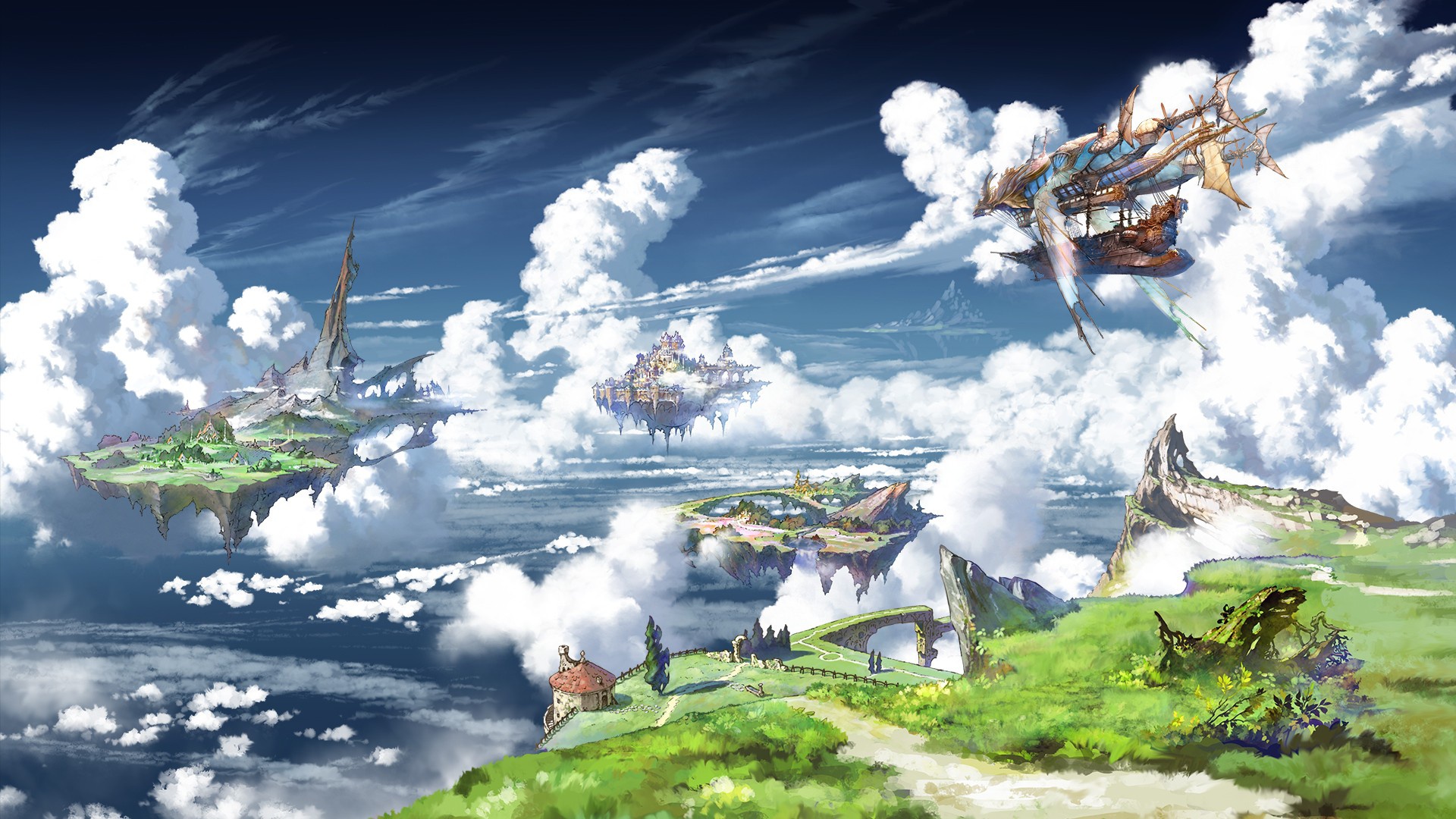 Floating islands and airship in Granblue Fantasy HD Wallpaper