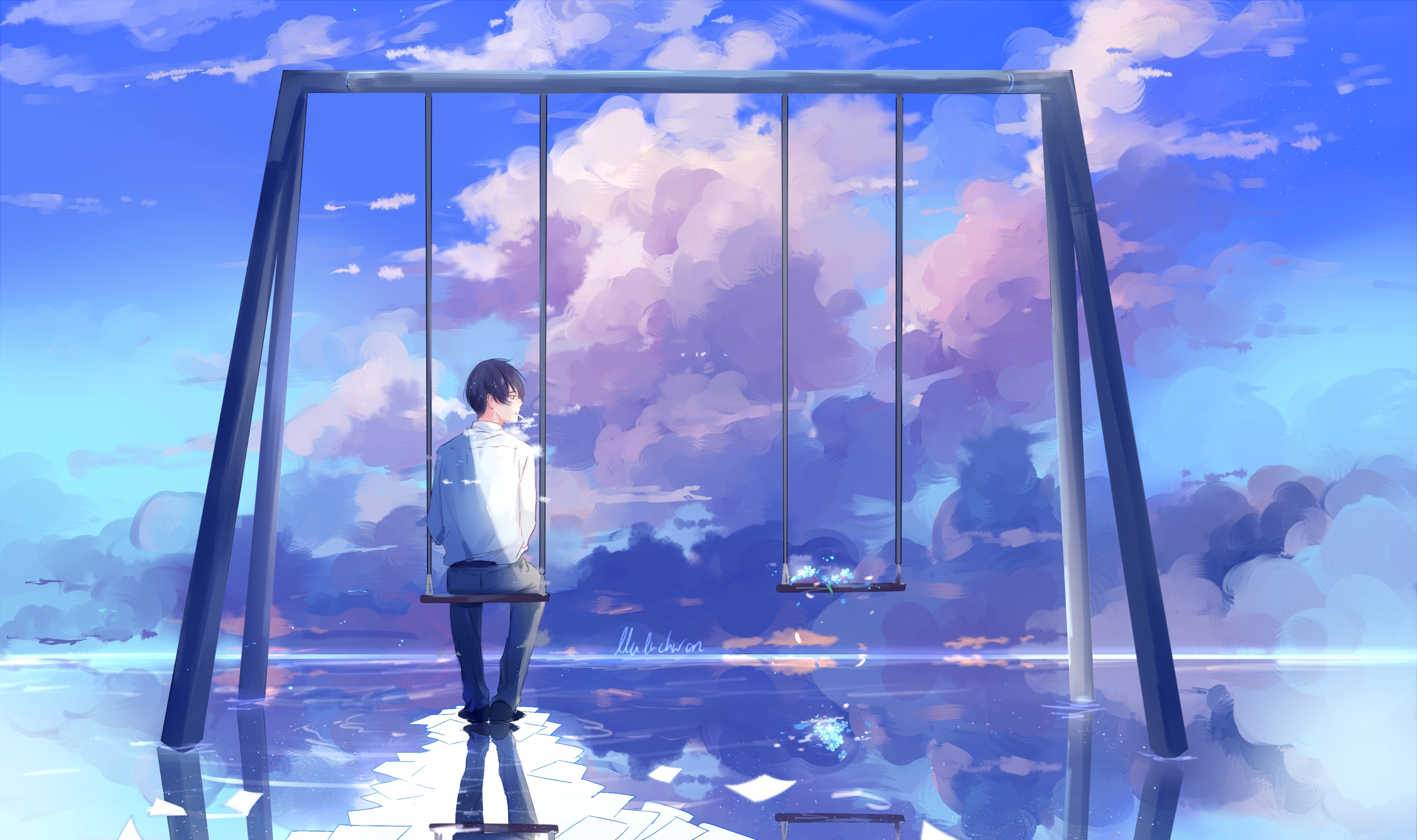 Boy on a swing overlooking a reflective sky HD Wallpaper