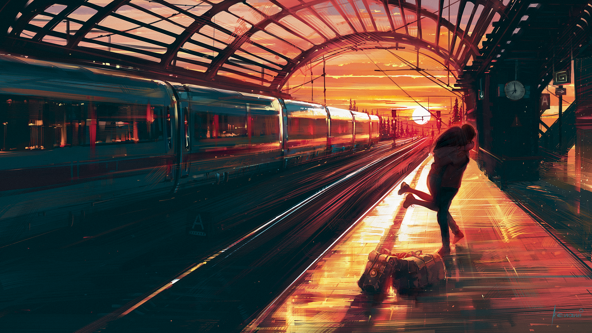 Couple embracing at train station during sunset HD Wallpaper