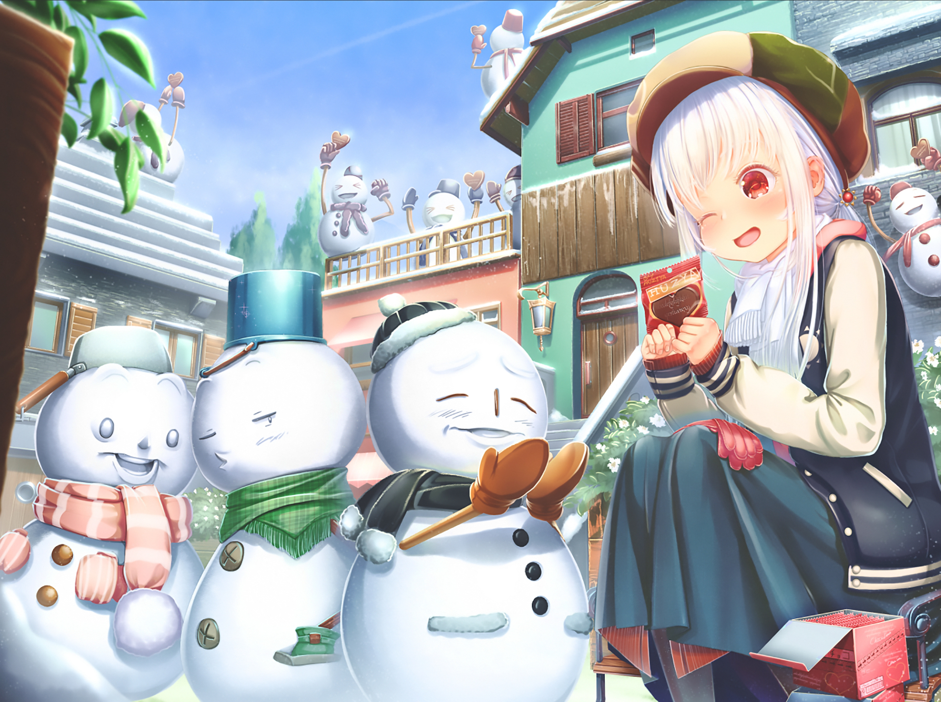 Anime girl with snowmen in a winter town HD Wallpaper
