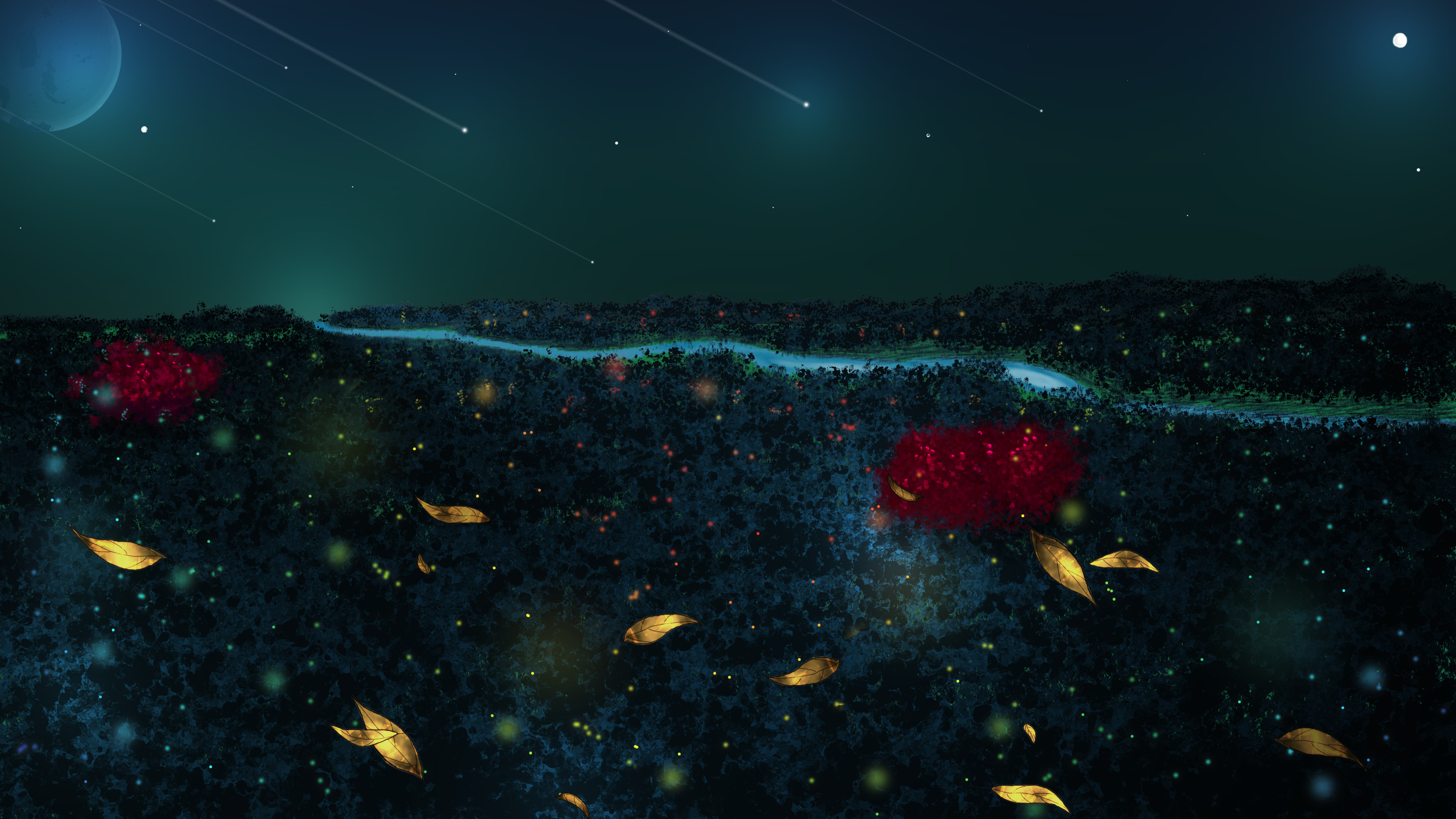 Night sky with planet and shooting stars over a forest HD Wallpaper