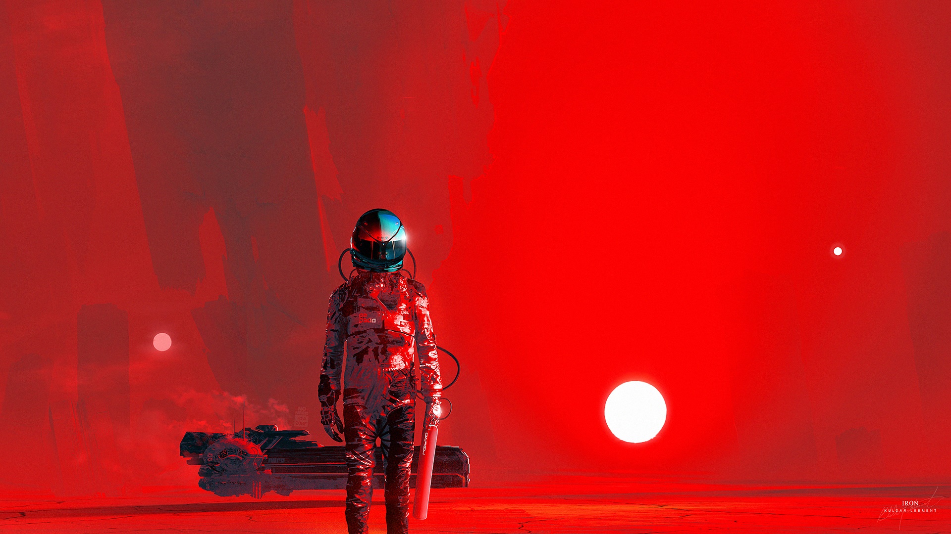 Astronaut on a red planet with two suns HD Wallpaper
