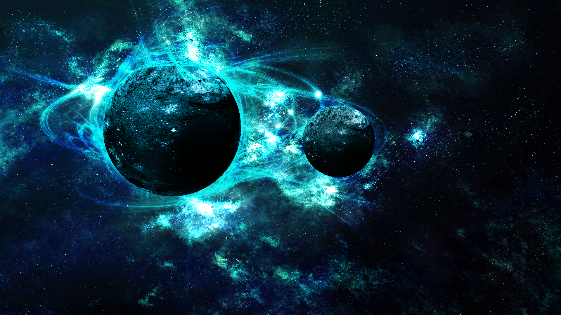 Two planets in a nebula with blue energy HD Wallpaper