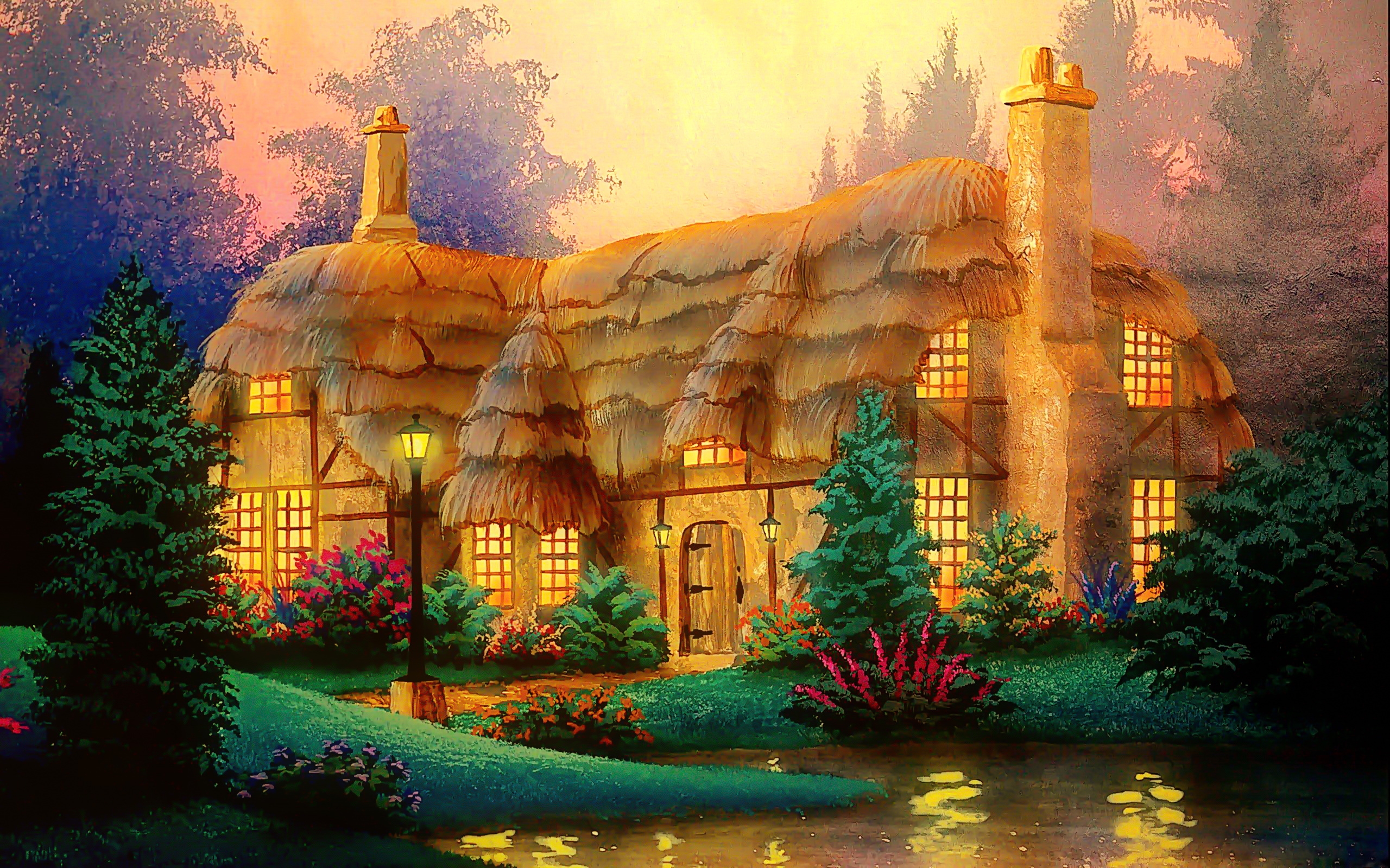 Artistic colorful cottage landscape at sunset HD Wallpaper