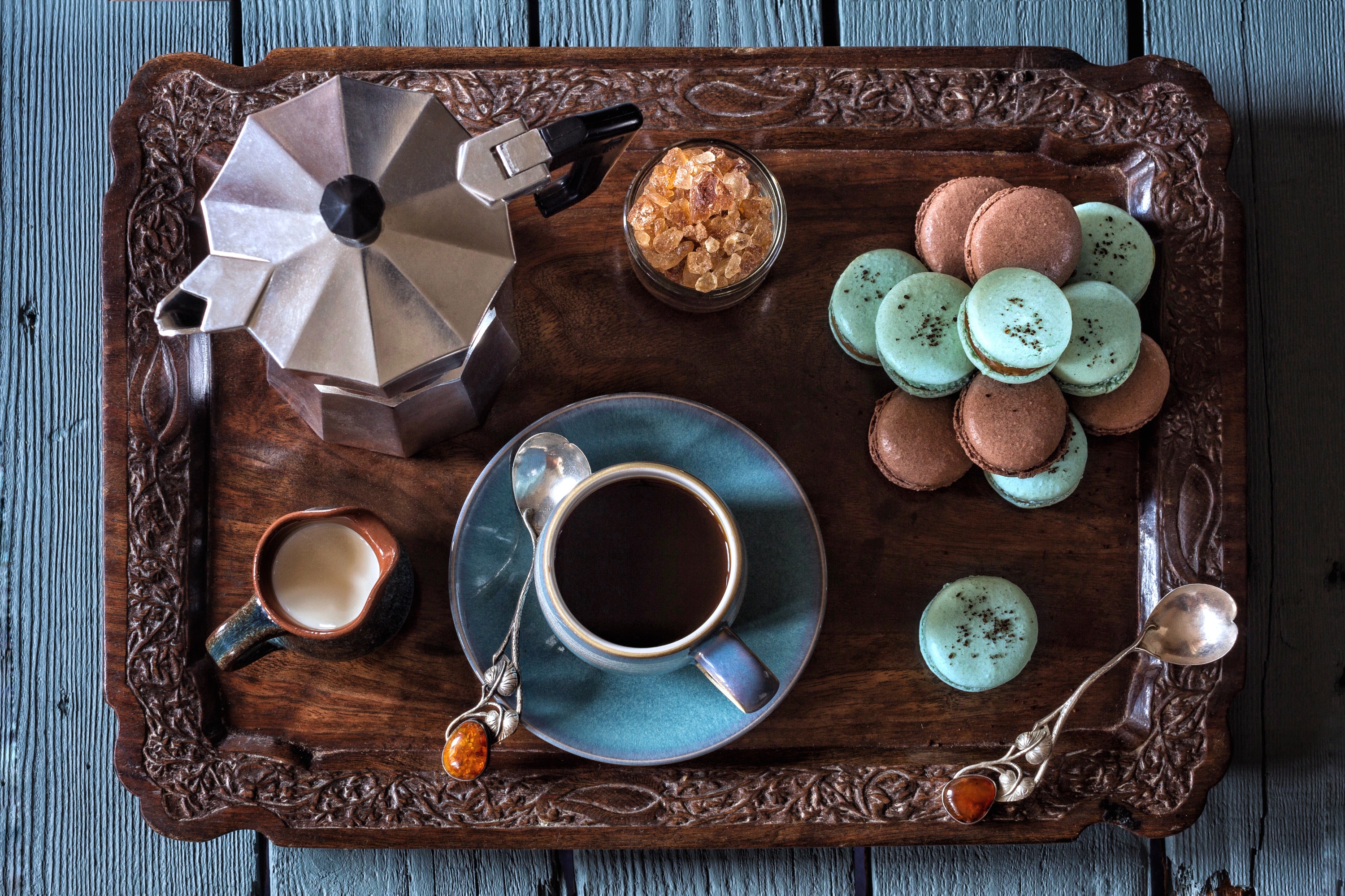 Coffee and Macarons on a Tray HD Wallpaper