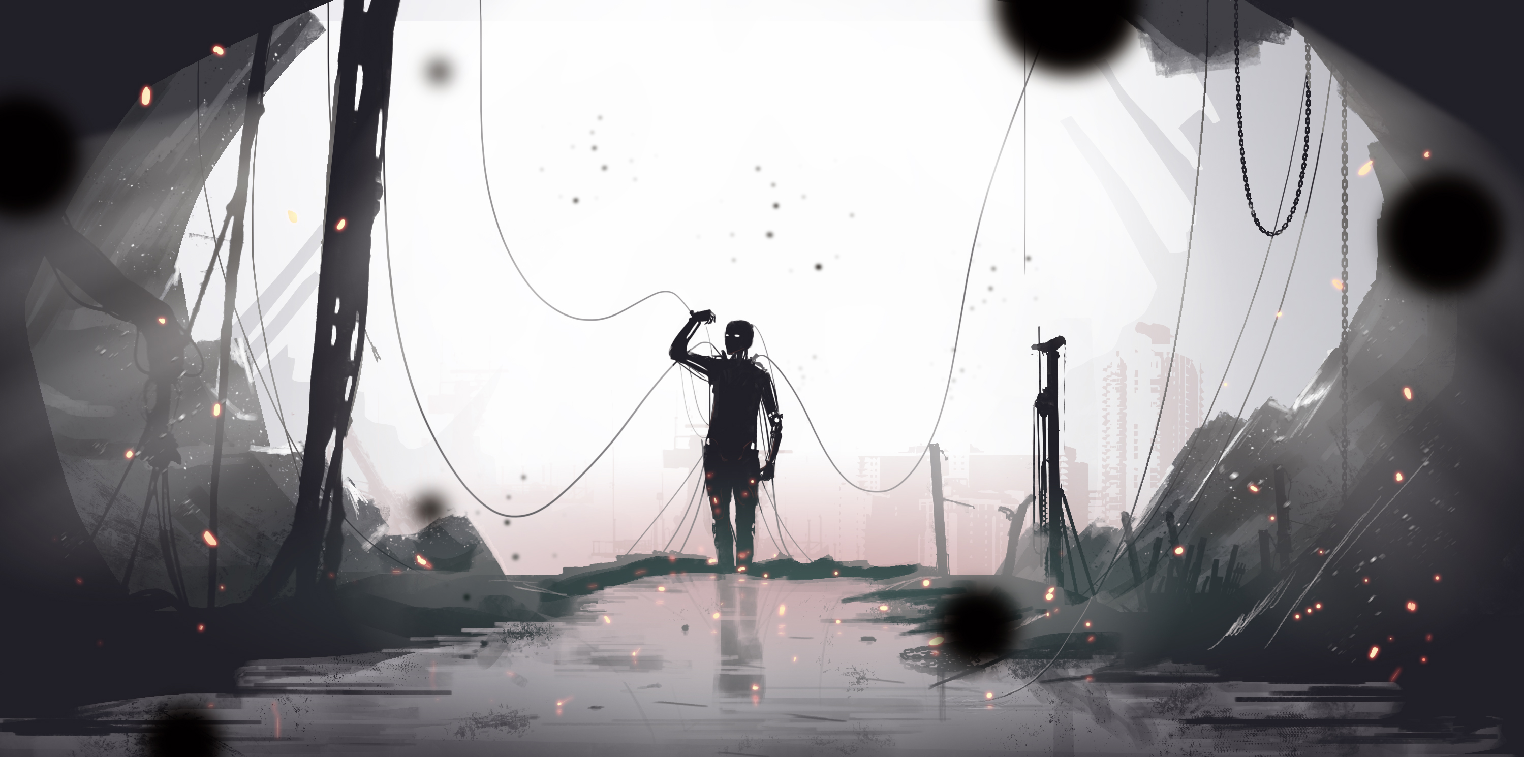 Robot in a desolate, futuristic landscape HD Wallpaper