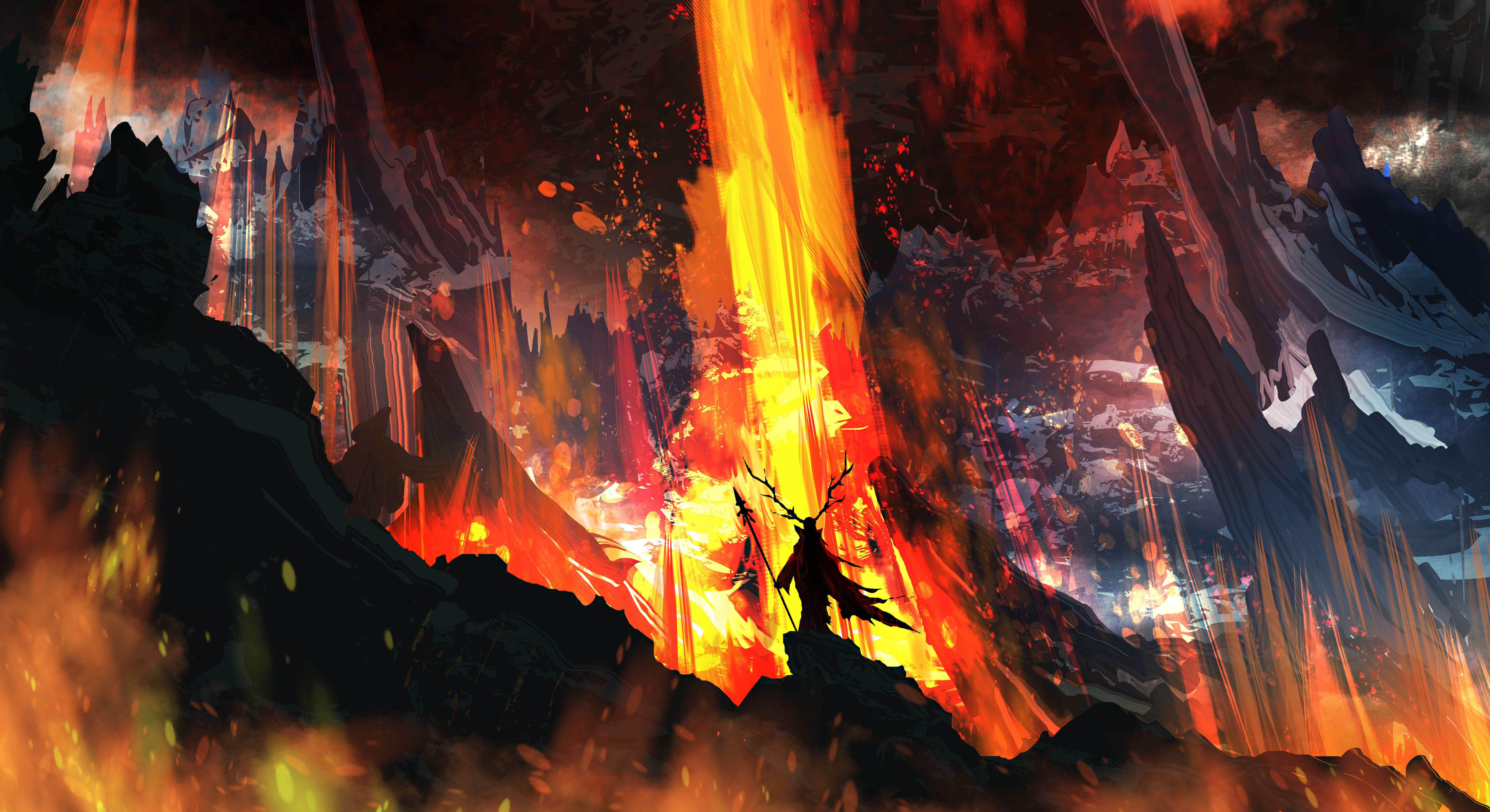 Shaman in a fiery volcanic landscape HD Wallpaper