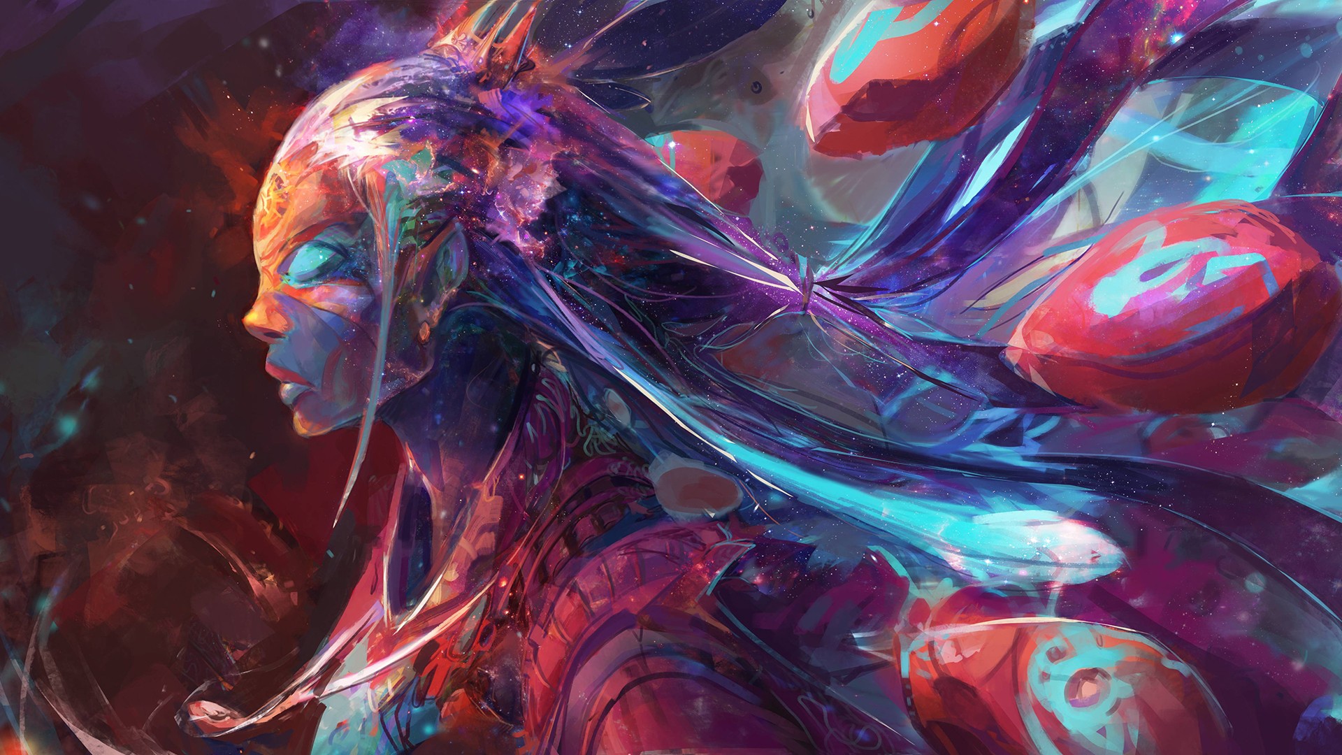 Colorful abstract portrait of a woman with glowing eyes HD Wallpaper