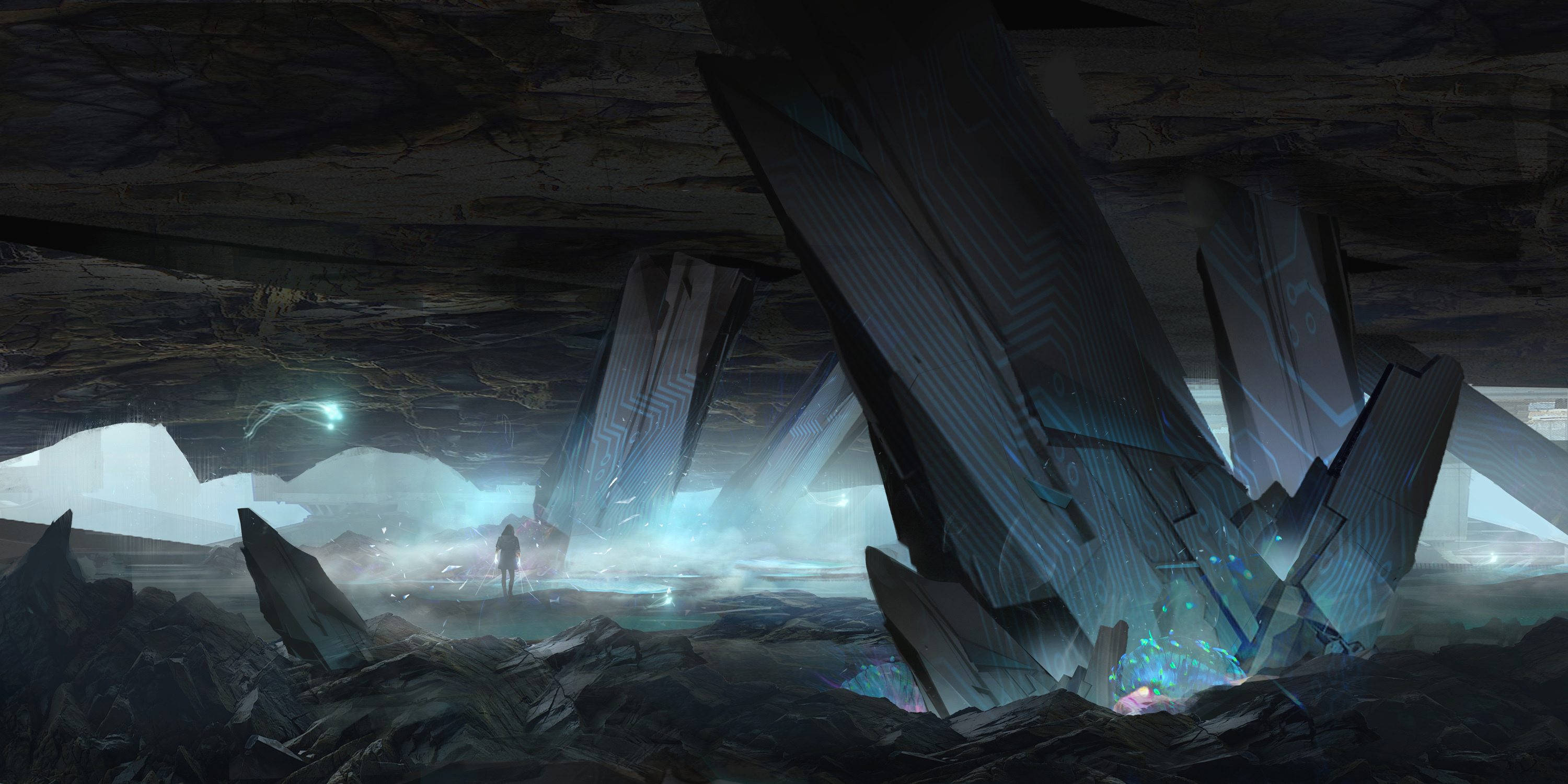 Crystalline cave with a lone woman HD Wallpaper