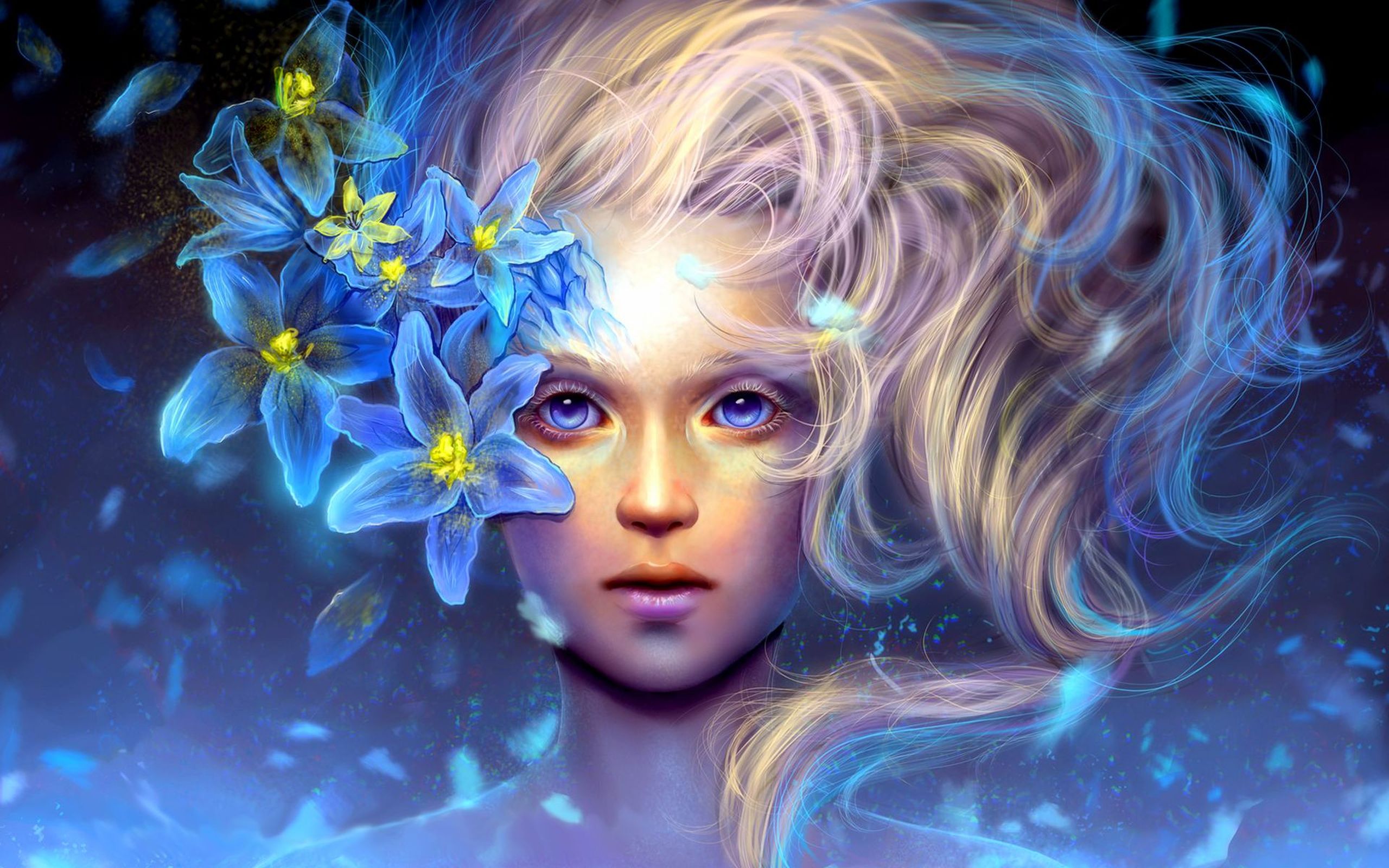 Fantasy woman with blue flowers and flowing hair HD Wallpaper