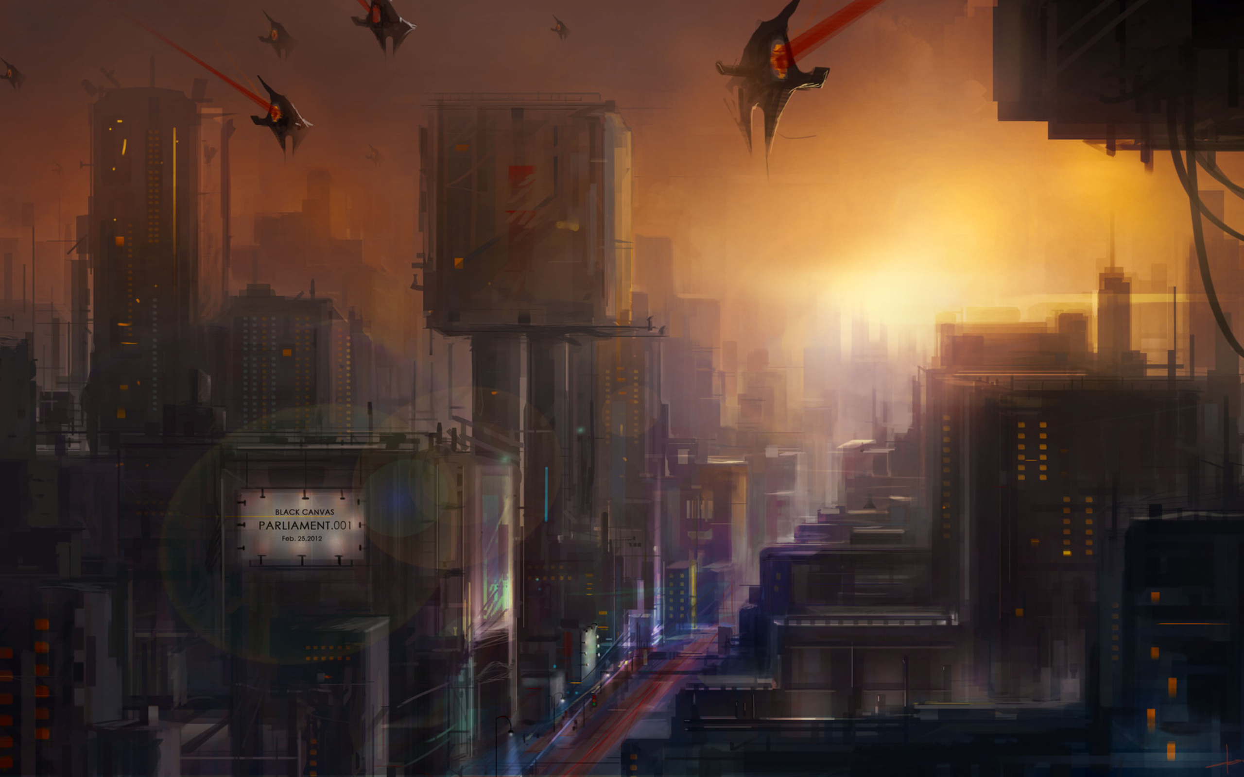 Sci-Fi Cityscape with Flying Drones HD Wallpaper