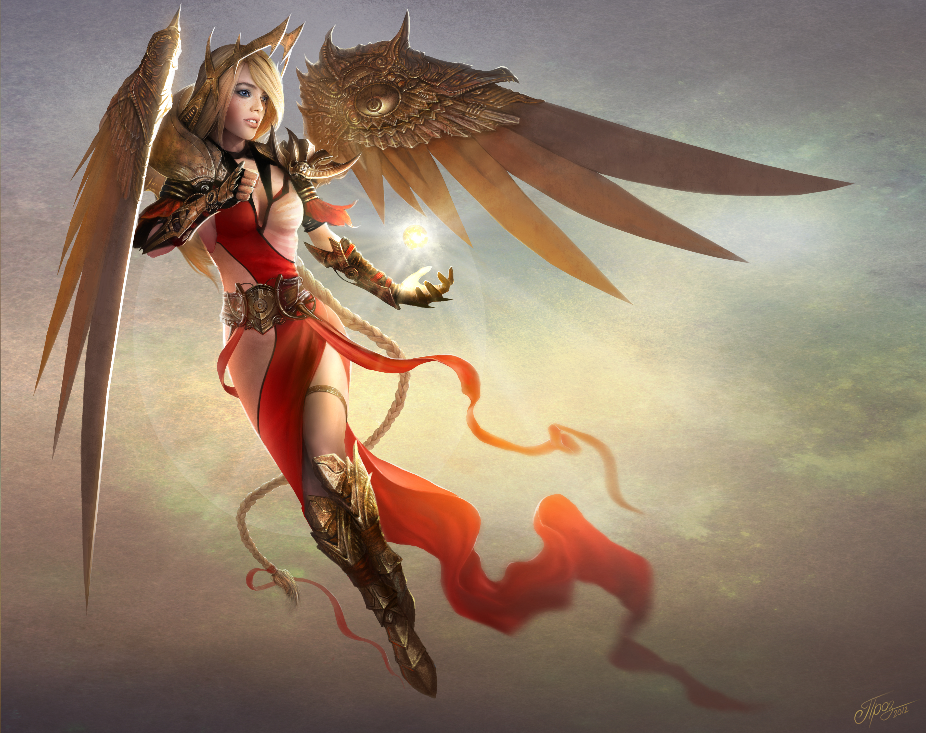 Fantasy Angel with Golden Wings and Red Dress HD Wallpaper