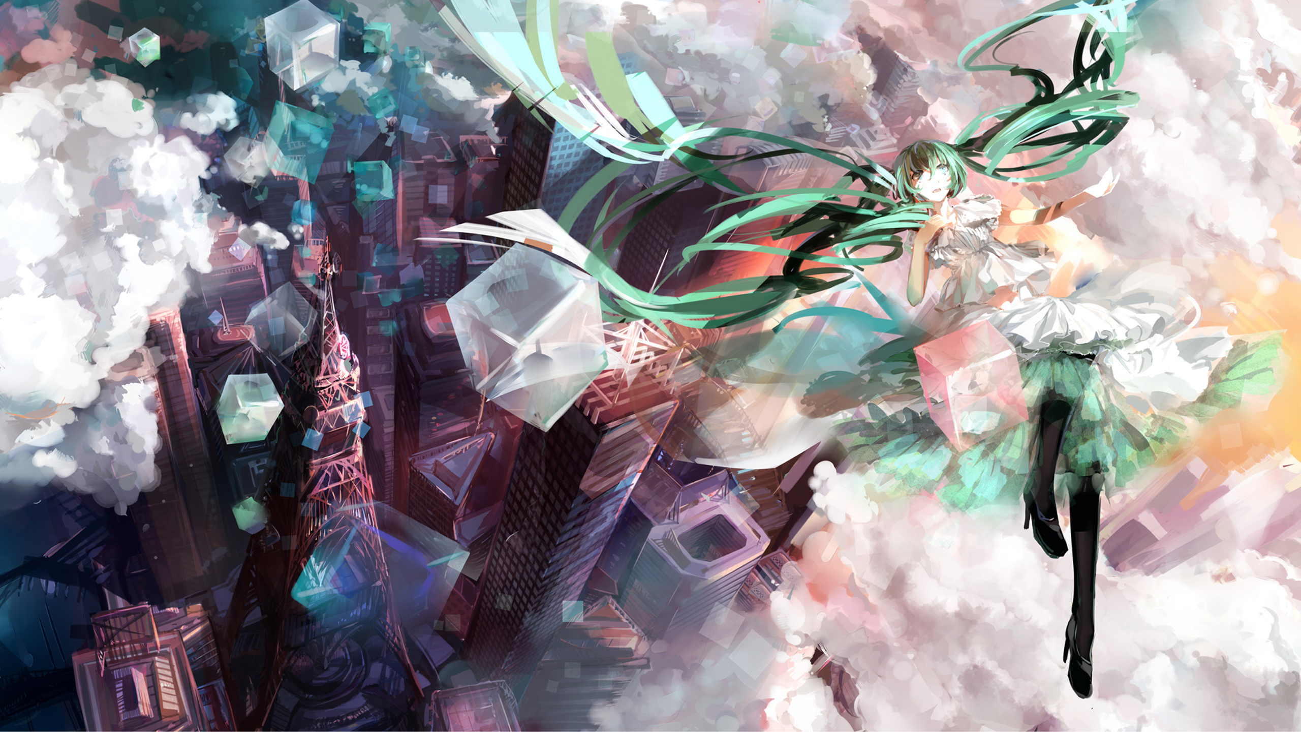 Hatsune Miku floating above a futuristic city HD Wallpaper
