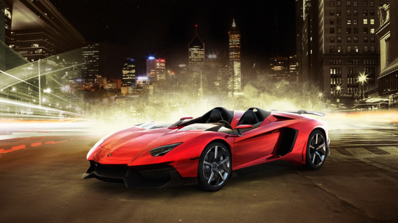 Red Lamborghini Aventador Roadster in City at Night HD Wallpaper